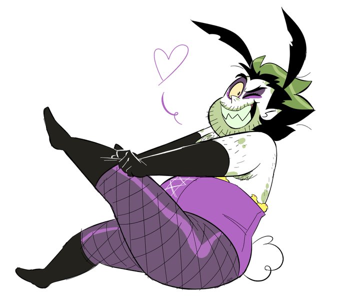 beetlebitties3 beetlejuice beetlejuice_(character) bunny_costume bunny_ears bunnysuit fat_man green_hair green_skin lingerie lingerie_only male male_only pinup_pose sharp_teeth