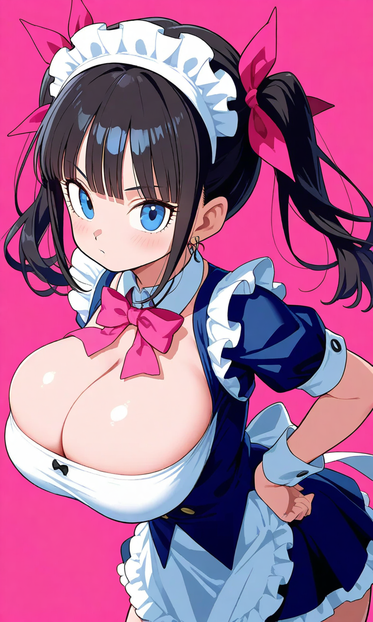 1girls ai_generated akira_toriyama_(style) black_hair black_thighhighs bursting_breasts cleavage fiora_(kosine1777) huge_breasts kosineverse maid maid_headdress maid_uniform original original_character pink_background skirt thighhighs twintails