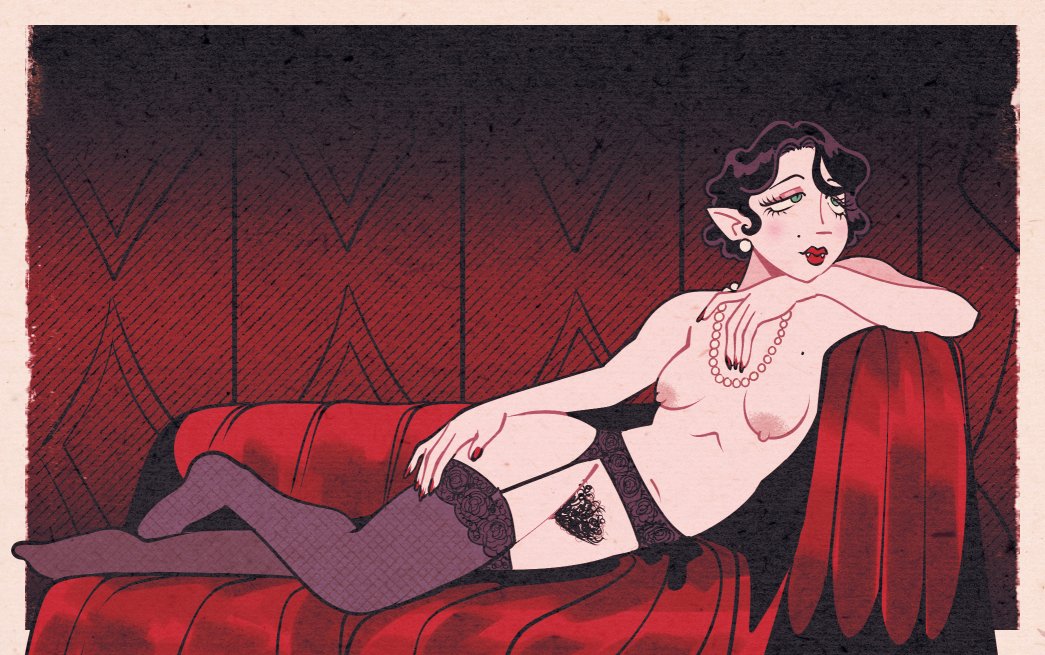 1girls, areolae, black hair, breasts, commission, earrings, female, garter belt, garter straps, lipstick, lying on side, mole, naked stockings, naked thighhighs, necklace, nipples, nude, on side, painted nails, pale skin, pointy ears, pubic hair, sharp teeth, short hair, solo, solo female, stockings, taylor titmouse, thighhighs, vampire