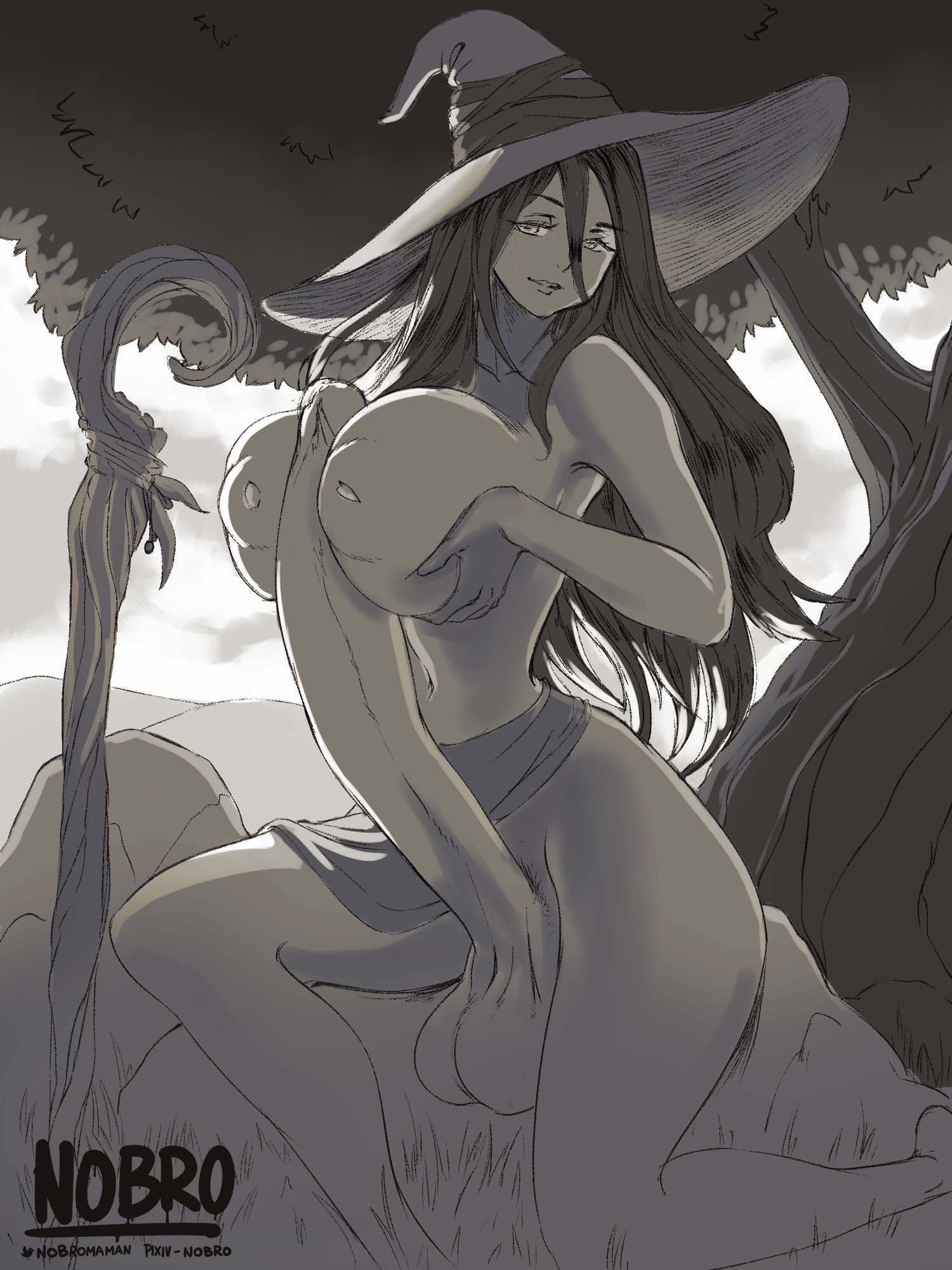 1futa, areolae, autopaizuri, balls, breast hold, breast lift, breasts, dickgirl, dragon's crown, erection, futa only, futanari, huge breasts, huge cock, huge penis, intersex, looking at viewer, masturbation, monochrome, nipples, nobro, paizuri, penis, puffy nipples, solo, solo futa, sorceress (dragon's crown), testicles