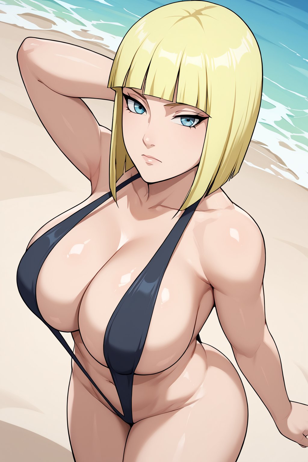 1girls ai_generated arm_behind_head bare_shoulders bare_thighs big_breasts blonde_hair blue_eyes blunt_bangs blush bob_cut breasts breasts_bigger_than_head busty child_bearing_hips cleavage closed_mouth cowboy_shot dutch_angle female female_only hanging_breasts hi_res hourglass_figure huge_breasts impossible_swimsuit indoors kunoichi large_breasts large_hips light-skinned_female light_skin mature mature_female mature_woman midriff milf mommy nai_diffusion narrowed_eyes naruto naruto_shippuden navel ninja one_arm_up one_piece_swimsuit pawg pinup plump revealing_swimsuit sagging_breasts samui short_hair skimpy skimpy_bikini sling_bikini slingshot_swimsuit stable_diffusion top_heavy top_heavy_breasts voluptuous voluptuous_female wide_hips yimboetc