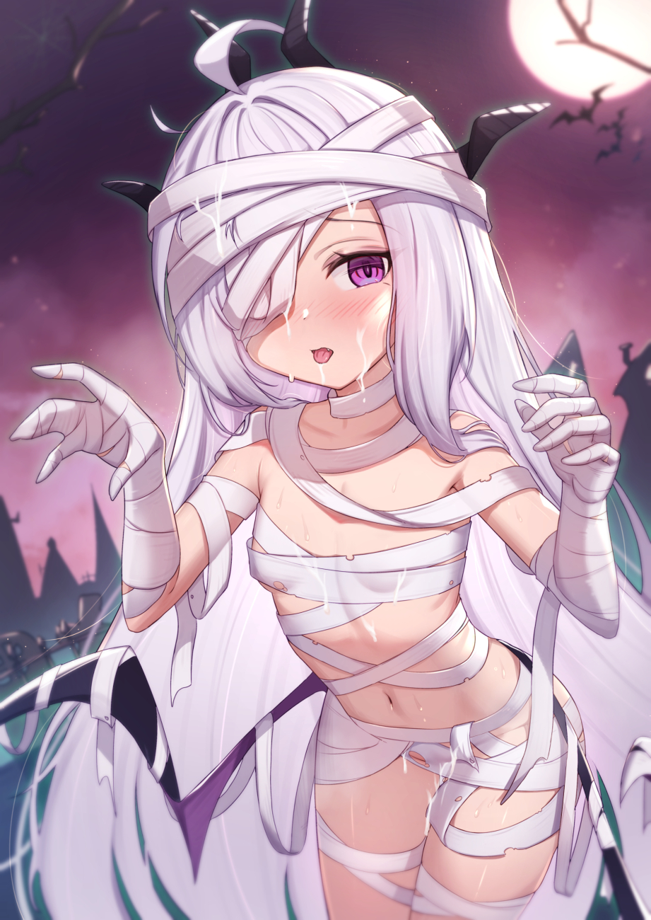 alternate_costume bandages blue_archive blush breasts commentary_request cum cum_on_body cum_on_legs cum_on_stomach facial female full_moon grey_hair hair_over_one_eye halloween_costume hands_up highres hina_(blue_archive) horns long_hair low_wings moon mummy_costume naked_bandage navel night night_sky nose_blush oerba_yun_fang open_mouth outdoors paid_reward_available purple_eyes purple_wings sky small_breasts solo sweat tongue tongue_out uneg very_long_hair wings young