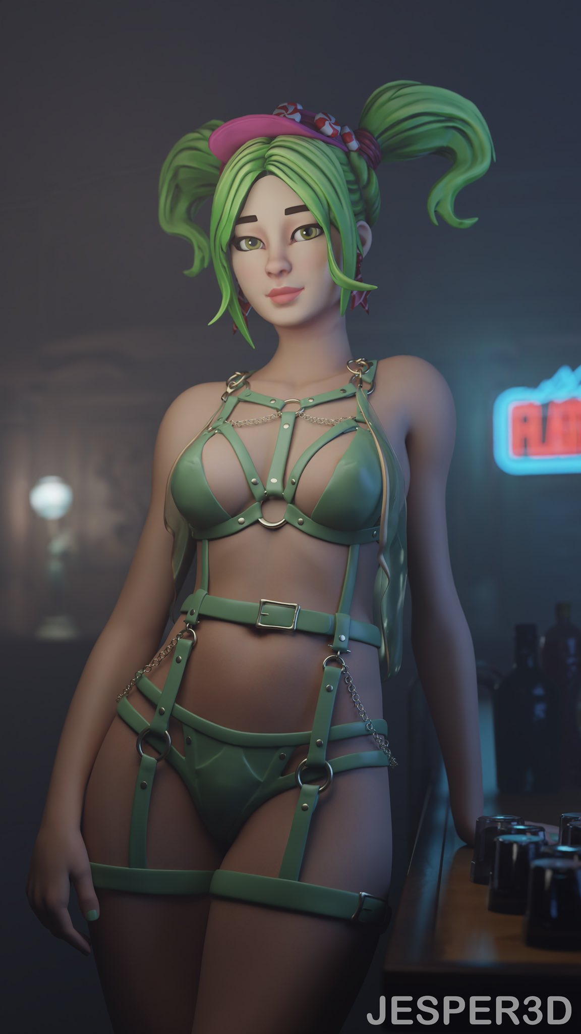 1girls 2024 3d 3d_(artwork) baseball_cap blender blurry_background breasts cap choker cleavage clothed clothing detailed_background earrings epic_games female female_focus female_only fortnite fortnite:_battle_royale green_eyes green_hair green_lingerie headwear hi_res highres jesper3d light-skinned_female light_skin lingerie looking_at_viewer medium_breasts petite petite_body petite_female ponytails pose posing presenting presenting_breasts small_breasts smile smiling solo solo_focus syperporn twintails watermark zoey_(fortnite)