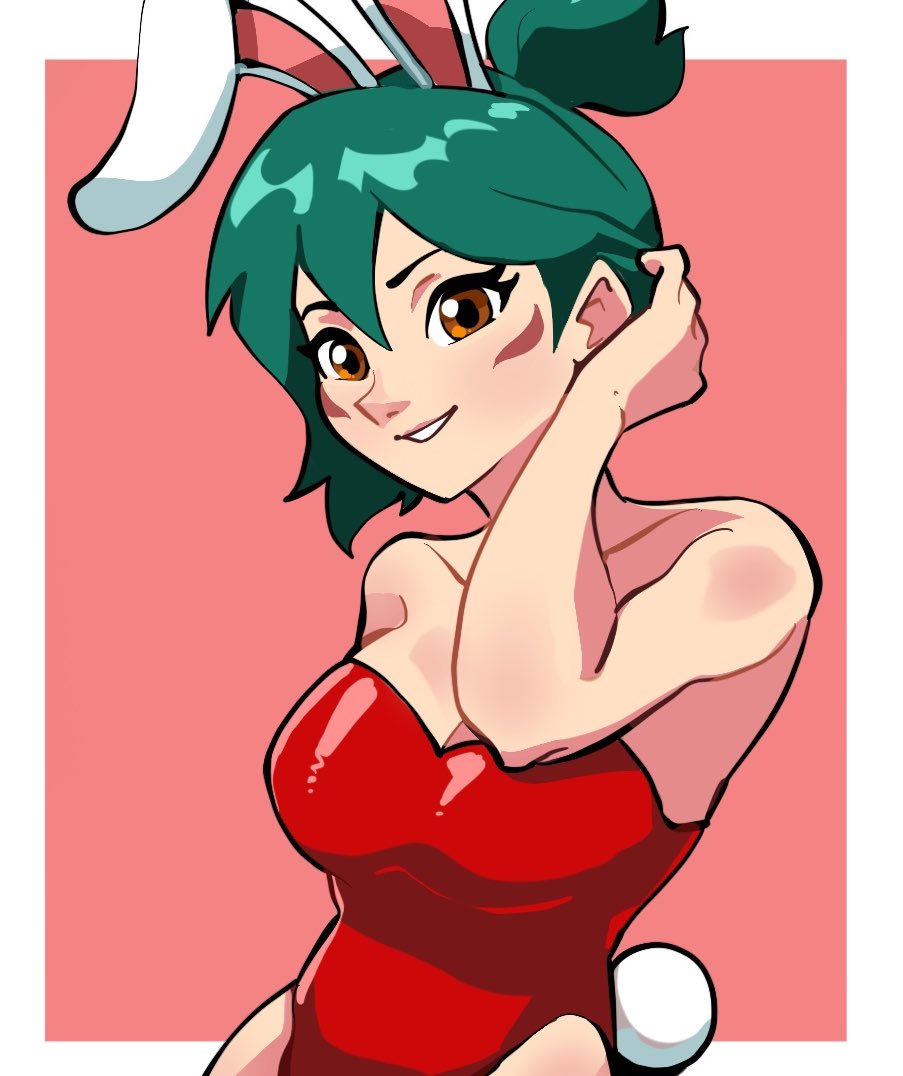 blizzard_entertainment bunny_costume bunny_ears bunny_girl bunnysuit green_hair kiriko_(overwatch) kiriko_kamori looking_at_viewer overwatch overwatch_2 provocative red_clothing seductive selvish94 smiling_at_viewer yellow_sclera