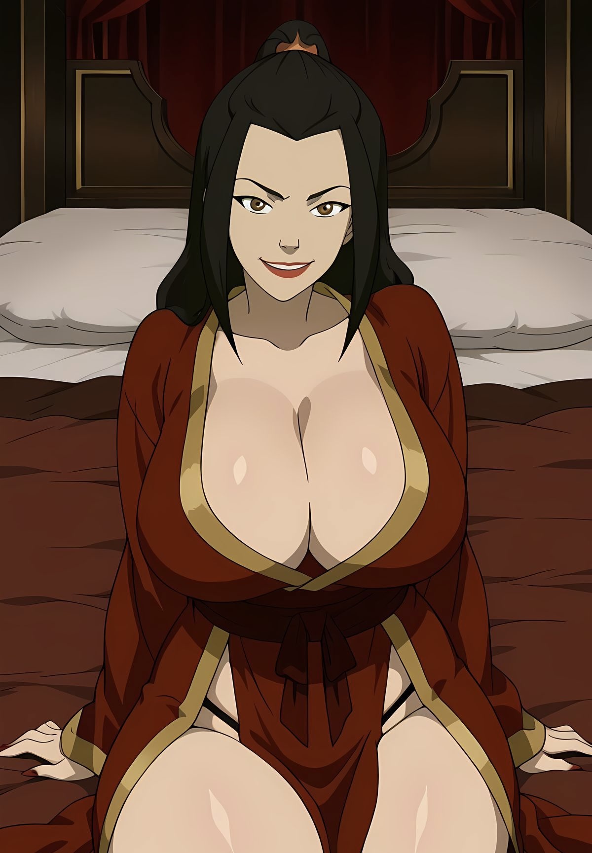1girls, ai generated, avatar legends, avatar the last airbender, ayyaai, azula, bed, bed sheet, bedroom, big breasts, black hair, busty, busty female, busty girl, busty teen, child bearing hips, dark hair, deep cleavage, eye contact, female, gold eyes, golden eyes, grin, hourglass figure, hourglass figured female, huge breasts, large breasts, large tits, light skin, light-skinned female, long hair, looking at partner, looking at viewer, loose hair, pelvic curtain, perfect body, perfect boobs, perfect legs, princess, queen, red lips, robe, royalty, sitting, sitting on bed, small waist, smile, smirk, smirking, smirking at viewer, solo, solo female, solo focus, teen, teen girl, teenage female, teenage girl, teenager, thick, thick thighs, thin waist, thong, thong panties, wide hips