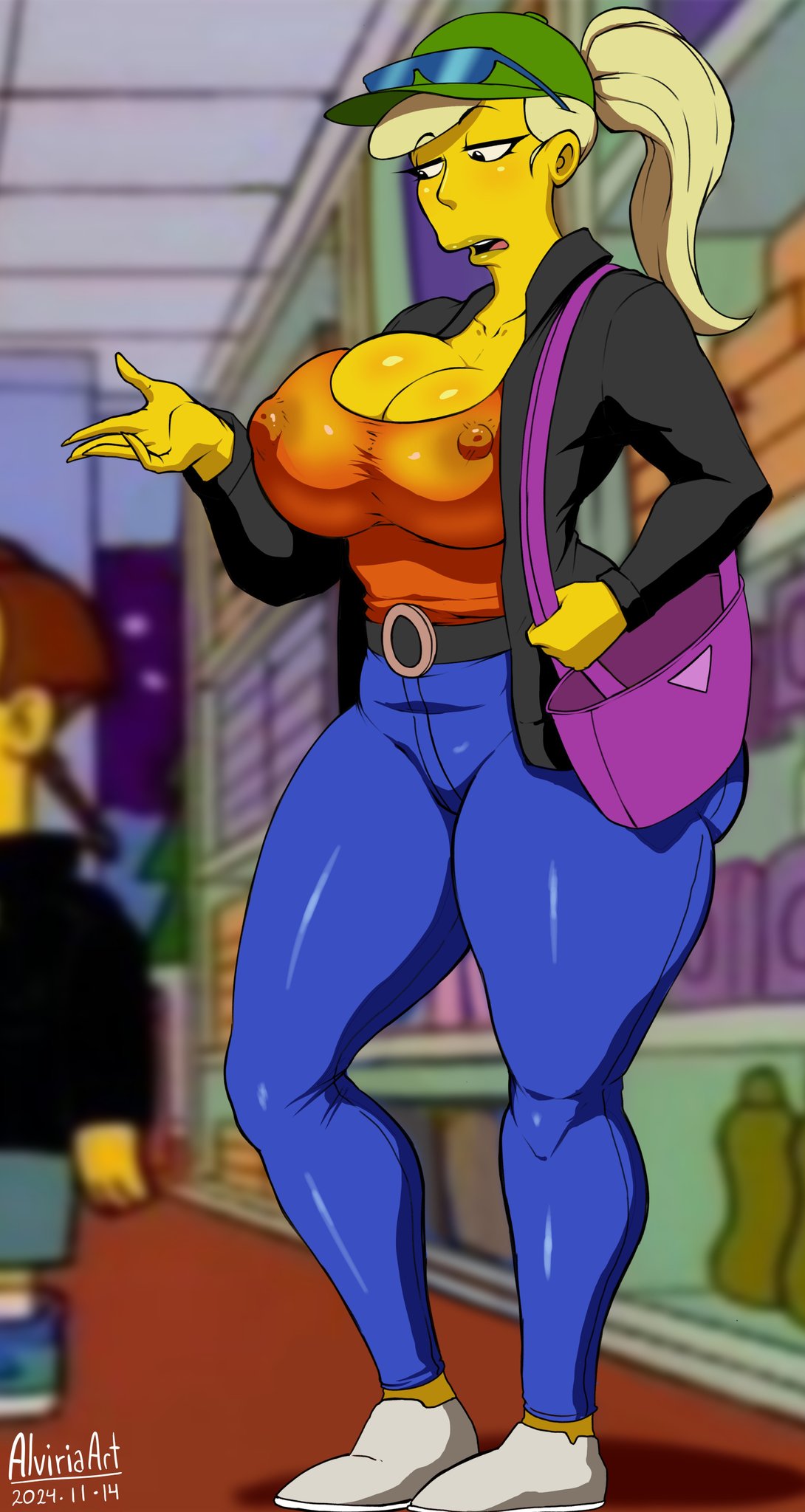 1girls alviriaart ass big_ass big_breasts blonde_hair breasts busty female female_focus female_only gavin's_mom hat huge_breasts jacket jeans large_breasts milf mother nipple_bulge pants purse shirt shoes sunglasses sunglasses_on_head the_simpsons thick_thighs wide_hips