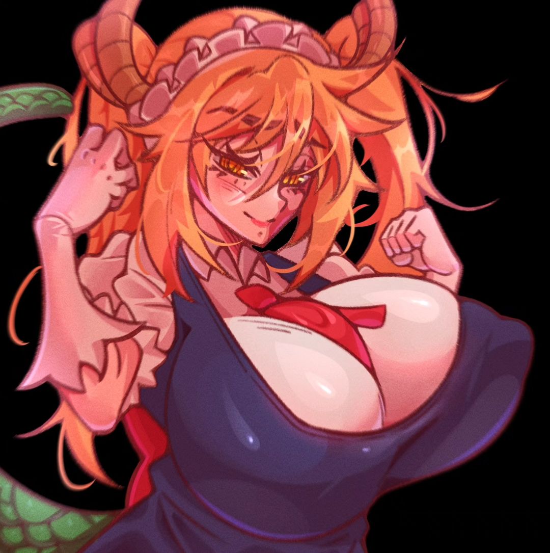 1girls arms_up blonde_hair blush color cygnussanguine dragon_girl dragon_humanoid erect_nipples fully_clothed horns huge_breasts long_hair looking_at_viewer maid maid_headdress miss_kobayashi's_dragon_maid nipple_bulge tagme tail tohru_(dragon_maid) upper_body