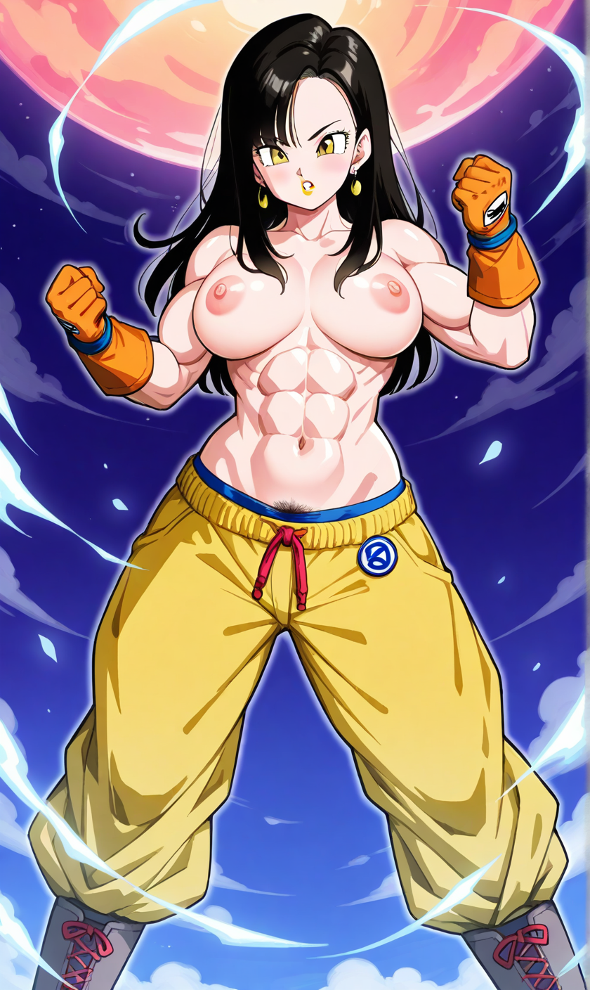 1girls abs ai_generated akira_toriyama_(style) belt belt_buckle big_breasts black_hair canonical_outfit flying gloves kosineverse large_breasts light_skin long_hair muscular muscular_female nipples orange_gloves original original_character planet pubic_hair pubic_hair_peek serena_(kosine1777) superheroine toned toned_female topless yellow_eyes yellow_lipstick yellow_pants