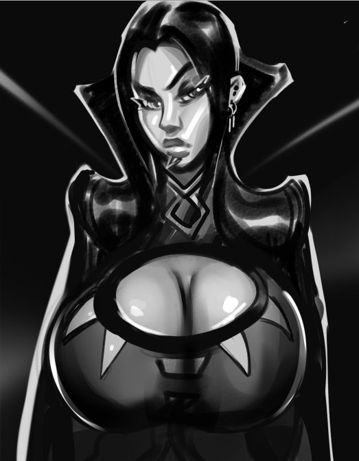 big_breasts black_lipstick breasts cleavage cleavage_cutout dark_hair magic_the_gathering monochrome teysa_karlov