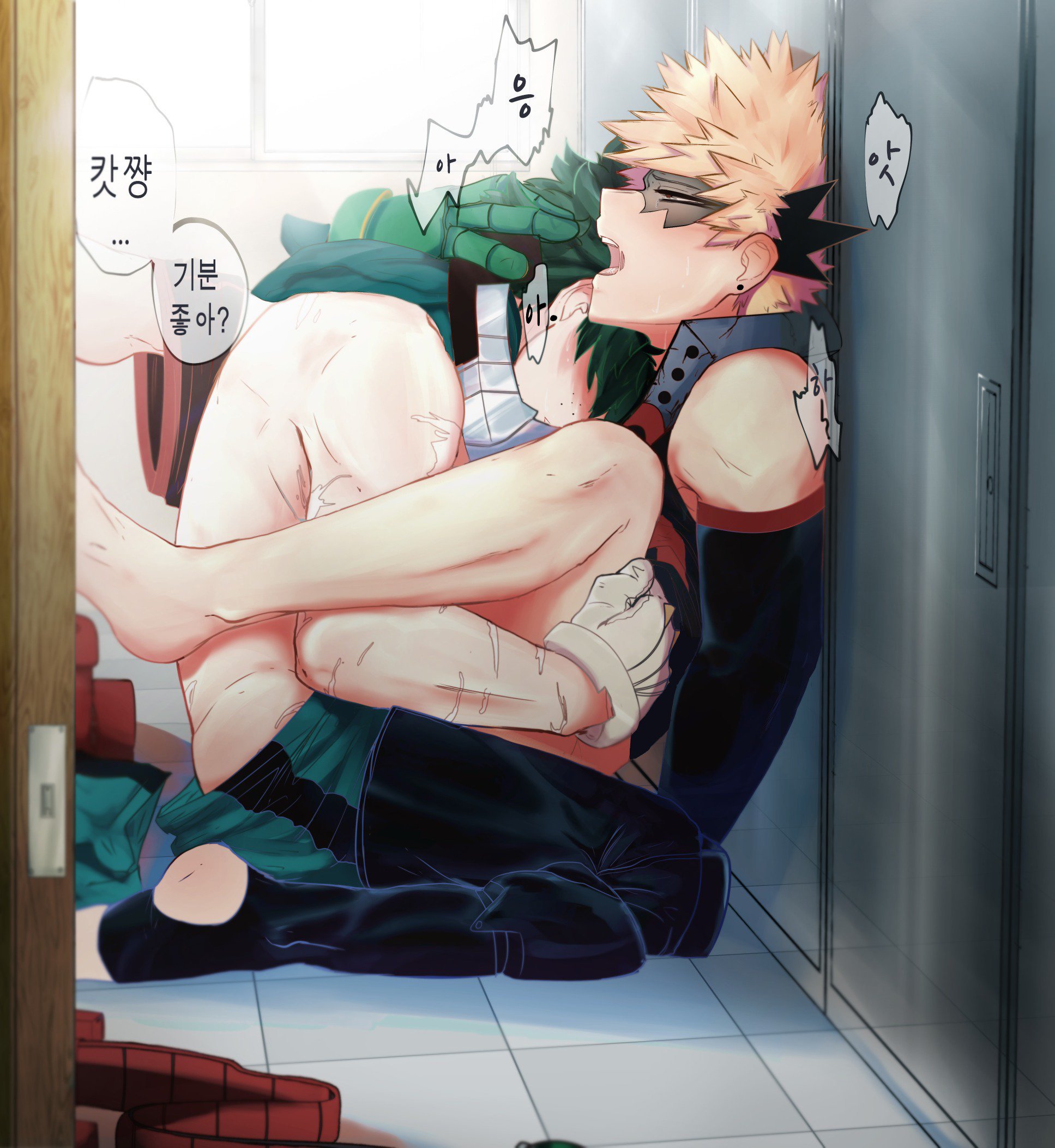 2boys, anal penetration, blonde hair, gay, green hair, izuku midoriya, katsuki bakugou, locker room, male, my hero academia, yaoi