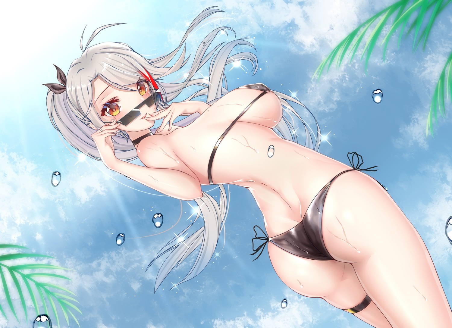 1girls, adjusting eyewear, adjusting glasses, adjusting sunglasses, ass, azur lane, bikini, breasts, female, female only, glasses, grey hair, looking at viewer, looking back, looking over eyewear, looking over glasses, looking over sunglasses, prinz eugen (azur lane), sideboob, sky, sunglasses, tinted eyewear