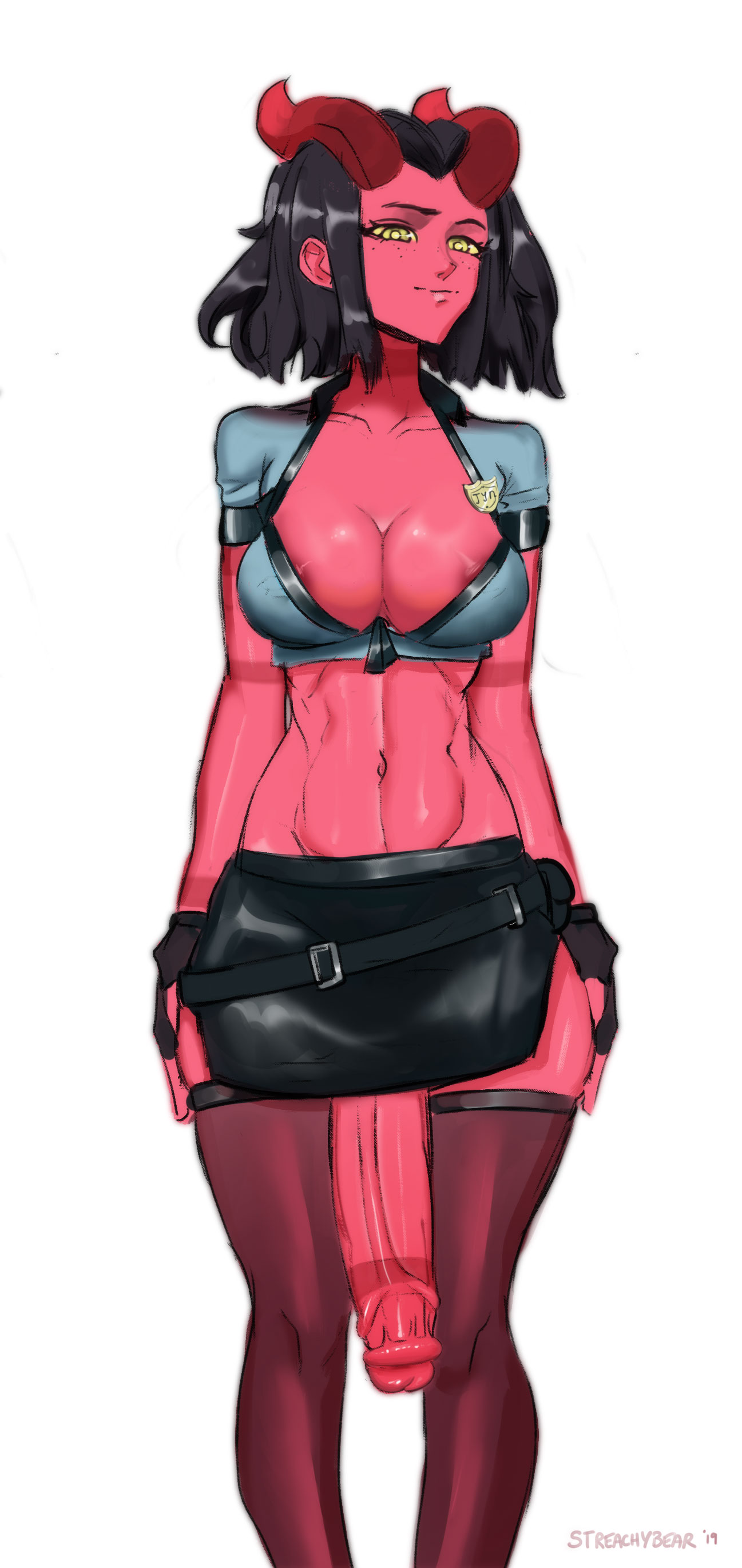1futa, 2019, areolae, artist name, big penis, black hair, bra, breasts, color, demon, fingerless gloves, front view, futa only, futanari, half-erect, horns, intersex, jyn, long penis, midriff, nipples, penis, penis out, penis to the knees, penis under skirt, police, red skin, sketch, skimpy clothes, skirt, slim, solo futa, standing, stockings, streachybear, thighhighs, veiny penis, wide hips, yellow eyes
