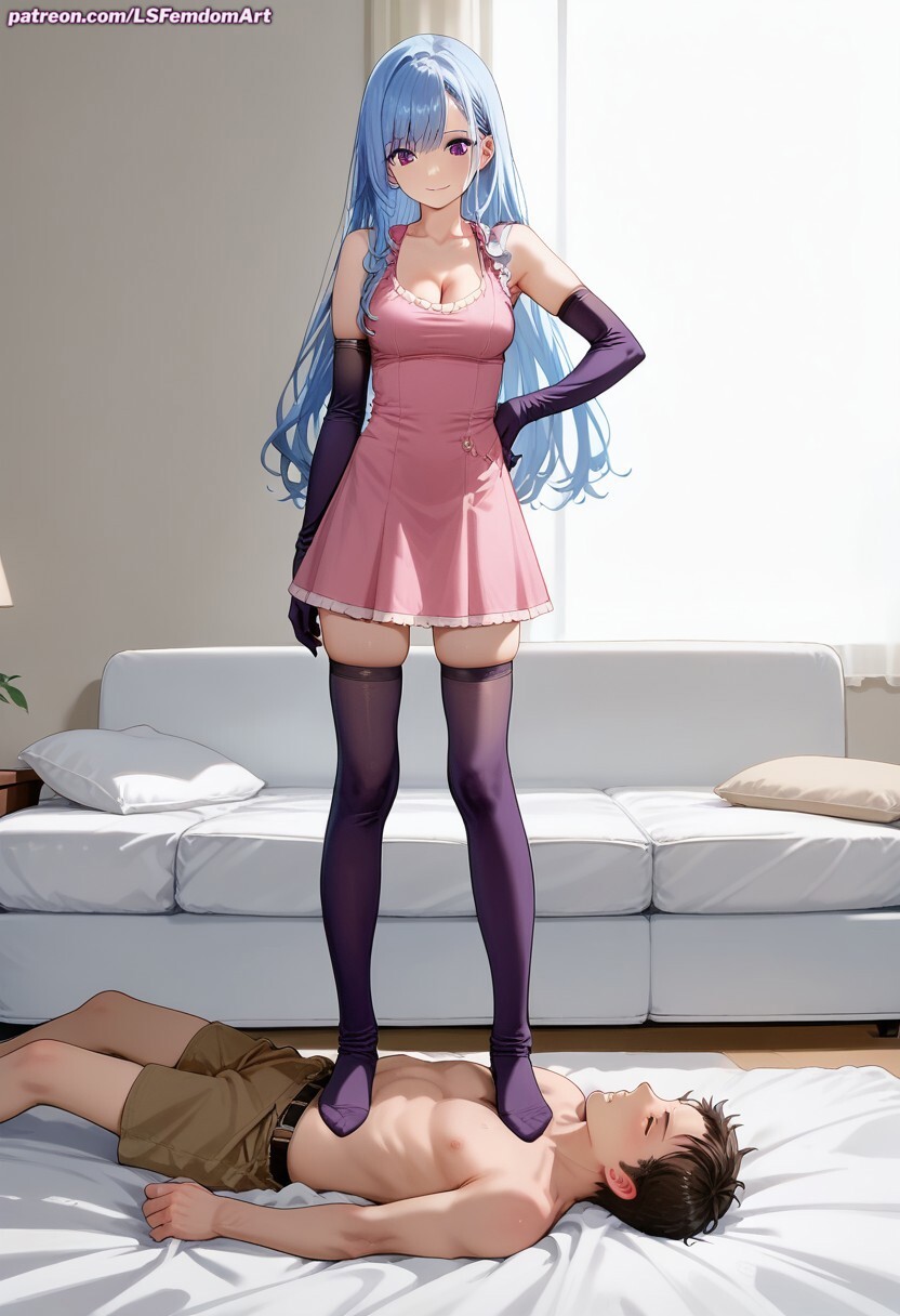 ai_generated blue_hair creatures_(company) dominant_female female_domination femdom game_freak gloves lsfemdomart me!me!me! meme_(me!me!me!) nintendo pokemon short_dress standing_on_another stepped_on stockings stomping subm submissive_male trample trampling victory_pose