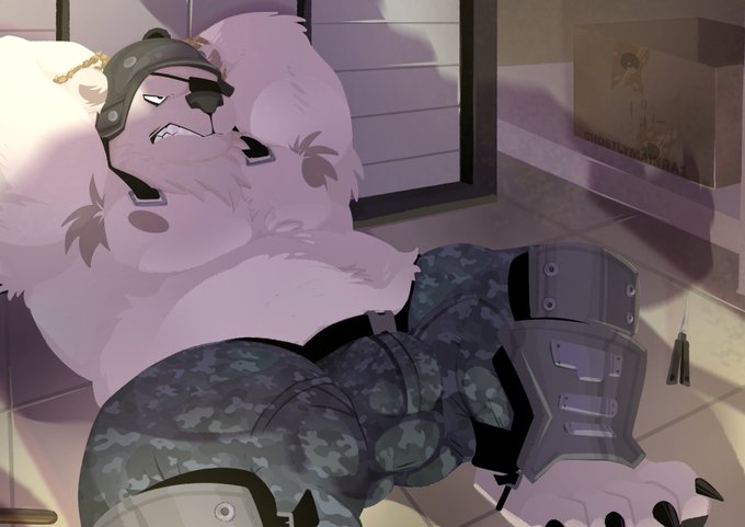 2024 angry anthro armpit_hair bear body_hair bottomwear breasts bulge captured clothed clothing detailed_background detailed_bulge epic_games eyewear fortnite fur ghostlymainfra1 headgear male male_only mammal moobs muscular nipples overweight overweight_anthro overweight_male pants polar_bear polar_patroller rope solo ursine white_body white_fur_tuft