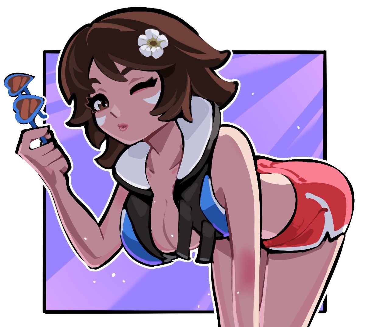 beach blizzard_entertainment blowing_kiss brown_eyes brown_hair d.va hana_song looking_at_viewer overwatch overwatch_2 provocative seductive selvish94 swimsuit