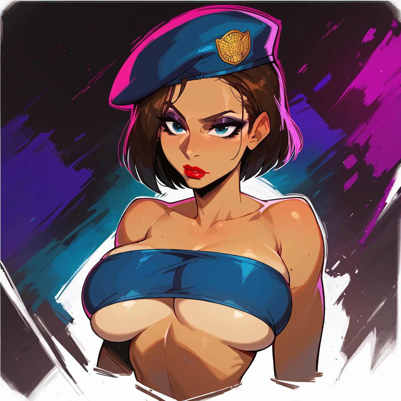 1girls ai_generated biohazard blue_eyes blue_eyes_female brown_hair brown_hair_female brunette brunette_hair capcom cleavage curvy erect_nipples female hat huge_areolae huge_breasts jill_valentine nai_diffusion puffy_nipples realistic red_lips resident_evil saucy_trove short_hair short_hair_female stable_diffusion thick_lips voluptuous