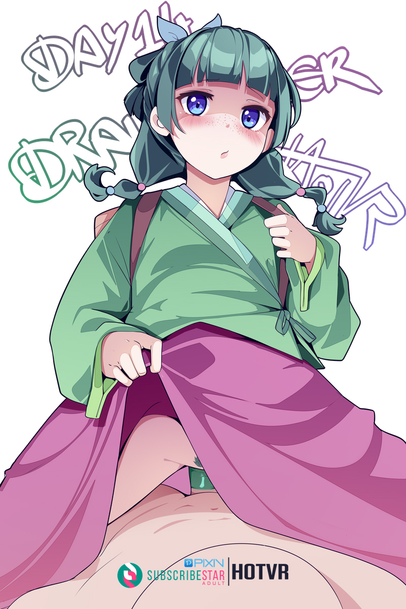 1boy aoqun blue_eyes blunt_bangs braid chinese_clothes clothed_female_nude_male commentary condom condom_on_penis cowgirl_position english_commentary female female_pubic_hair freckles green_hair green_hanfu green_pupils hanfu highres hot_vr kusuriya_no_hitorigoto maomao_(kusuriya_no_hitorigoto) nude penis pixiv_username pubic_hair sex simple_background straddling straight subscribestar_logo subscribestar_username twin_braids white_background