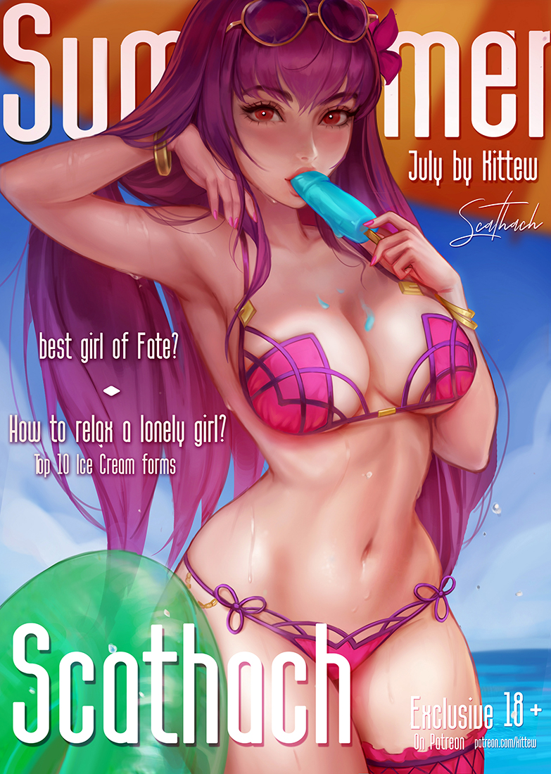 1girls, arm up, armpit, bikini, breasts, cleavage, deep armpits, fate (series), fate/grand order, female, female only, hand on head, kittew, large breasts, looking at viewer, magazine, magazine cover, pinup, scathach (fate), scathach (swimsuit assassin), solo