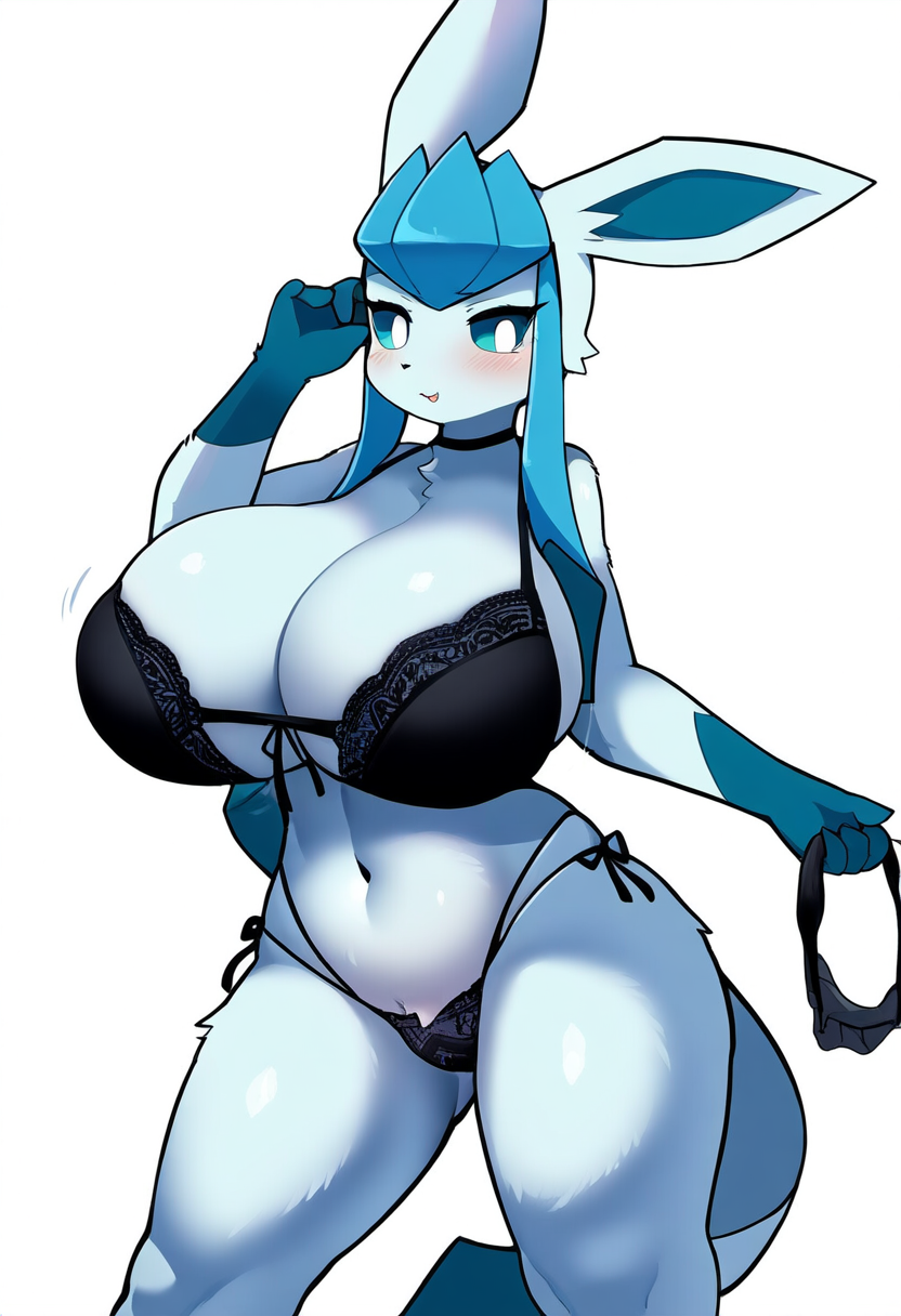 ai_generated anthro anthrofied big_breasts black_panties black_underwear blue_body blue_eyes blue_fur blush bra breasts canid cleavage clothed clothing eeveelution female generation_4_pokemon glaceon hellsonger hi_res huge_breasts lingerie mammal navel nintendo panties pokemon pokemon_(species) pokemorph side-tie_panties simple_background solo thick_thighs underwear white_background wide_hips