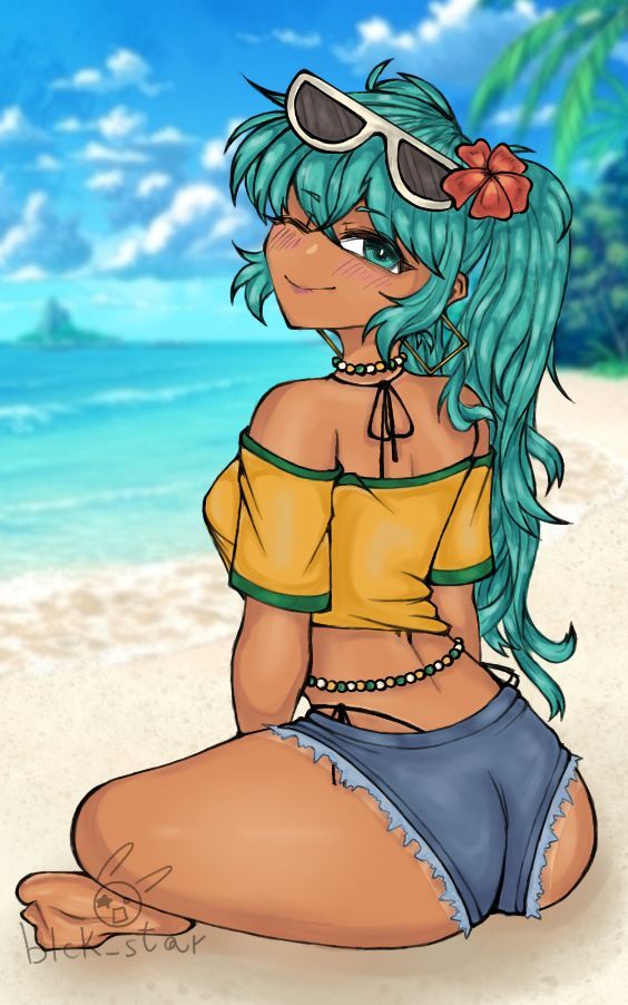 1girls anime_girl anime_style ass beach blck_star blck_star brazilian brazilian_miku clothing female female_only glasses_on_head hatsune_miku sitting solo solo_female tan_body tan_skin vocaloid