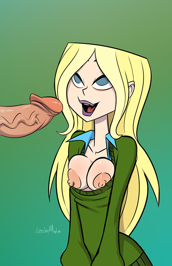 1boy, 1girls, areola, areolae, bedroom eyes, big penis, blonde, blonde hair, blue eyes, blue shirt, breasts, breasts out, bursting breasts, busty, cartoon network, clothing, dawn (tdi), disembodied penis, exposed breasts, female, female focus, gradient background, green sweater, half-closed eyes, huge penis, imminent cumshot, imminent facial, large penis, lips, lipstick, long hair, long sleeves, looking up, male, medium breasts, nipples, no bra, offscreen male, open mouth, open smile, partially clothed, penis, purple lipstick, shiny skin, shirt, shirt pull, signature, smile, stickymon, straight, sweater, sweater pull, teeth, tongue, topless, total drama island, total drama: revenge of the island, unseen male face, veiny penis