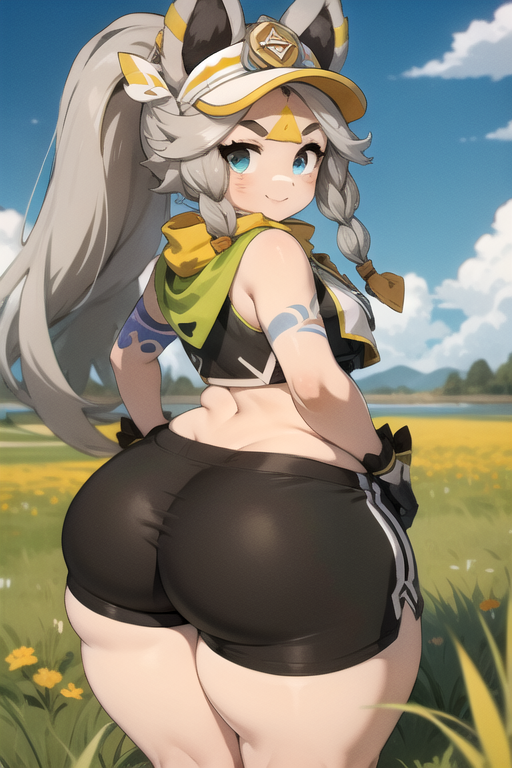 ai_generated animal_ears big_ass bike_shorts blue_sky braid bubble_butt cap daidouji_(artist) daidoujipv female from_behind genshin_impact grass grass_field gray_hair juicy_butt kachina_(genshin_impact) looking_back outside ponytail shorts shortstack solo solo_focus