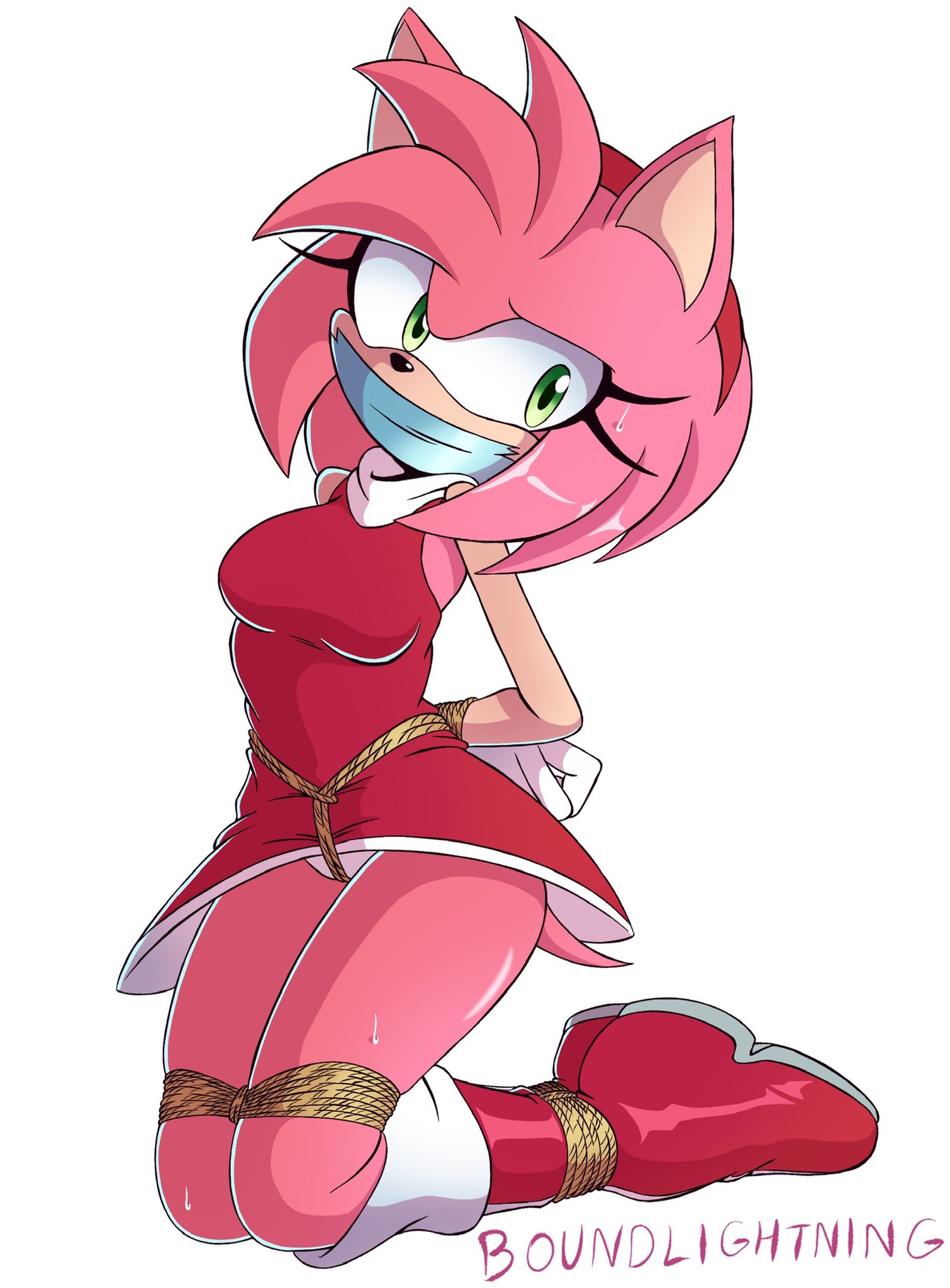 2d, 2d (artwork), amy rose, arms behind back, bondage, bound, boundlightning, breasts, female, female focus, female only, gag, gagged, green eyes, kneeling, on knees, panties, pink body, rope, shibari over clothes, sonic (series), tape, tape gag, taped mouth, thick, thick thighs, thighs