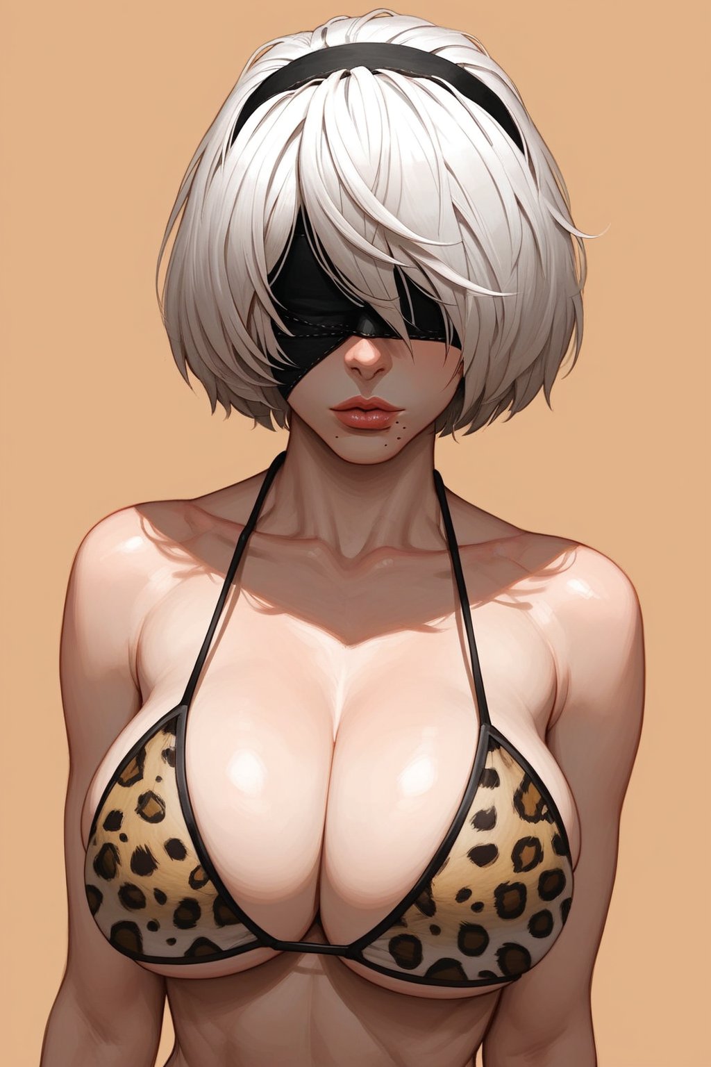 ai generated, bikini, breasts, cleavage, female, leopard print, massive breasts, nier: automata, saucy trove, stable diffusion, tagme, white hair, yorha 2b