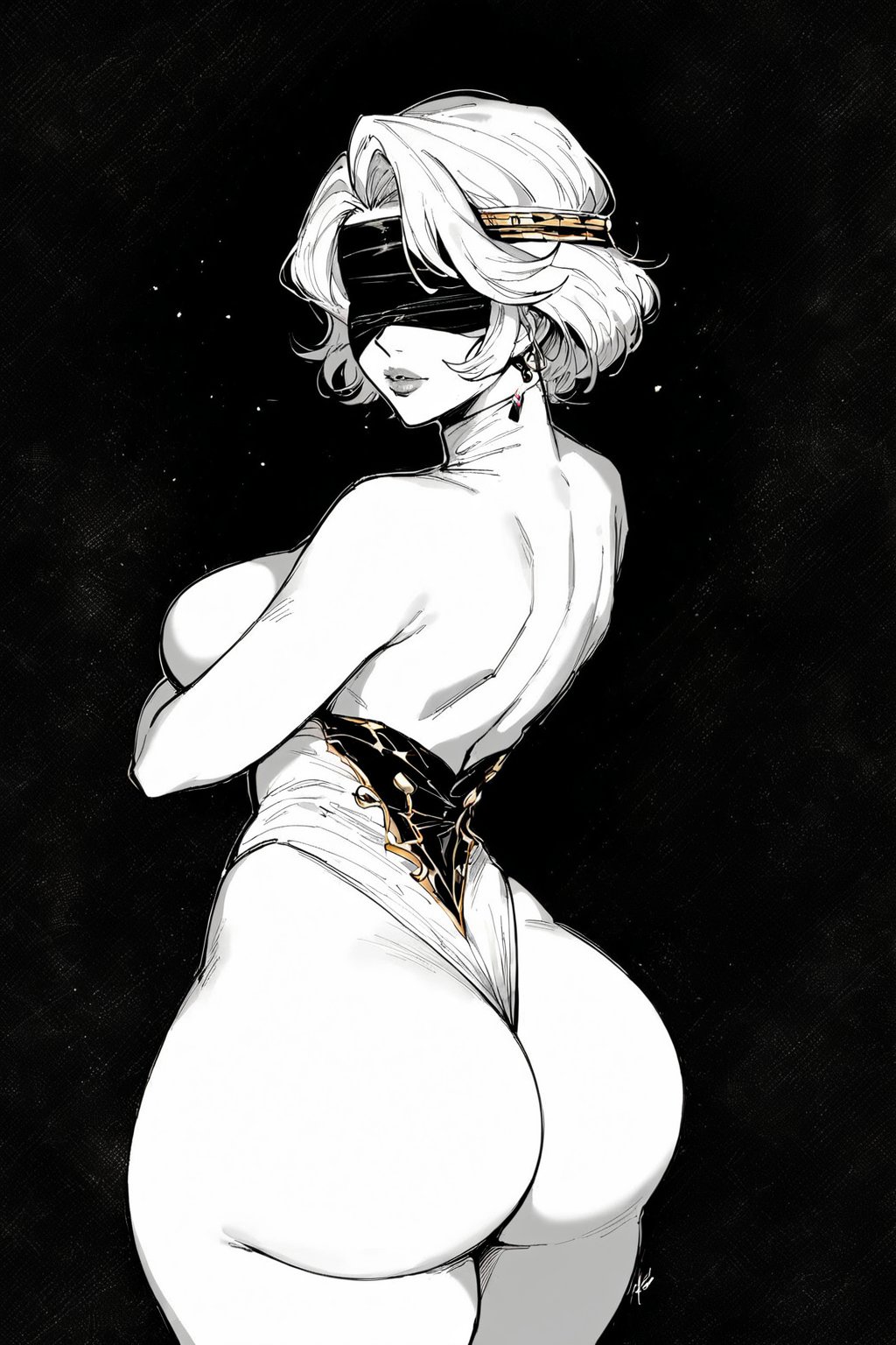 ai_generated blindfold gold_(metal) massive_breasts monochrome nier:_automata saucy_trove stable_diffusion tagme white_hair yorha_2b