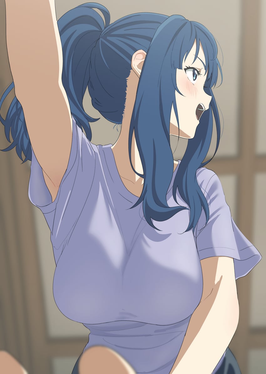 arm_up big_breasts blue_eyes blue_hair looking_to_the_side make_heroine_ga_oo_sugiru! open_mouth ponytail sincos t-shirt tagme yanami_anna