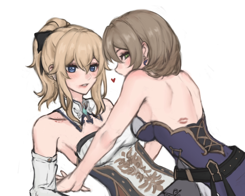 2girls, blonde, blonde female, blonde hair, blonde-haired female, blue eyes, female, female only, female/female, genshin impact, green eyes, hoyoverse, jean gunnhildr, lesbian, lisa (genshin impact), looking at viewer, looking back, mihoyo, nervous, seductive, seductive look, white background, yuri
