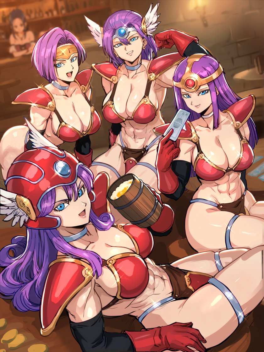 5girls armor bikini_armor blue_eyes breasts cleavage dragon_quest dragon_quest_iii female female_only kisuu light-skinned_female long_hair looking_at_viewer multiple_girls patty_(dragon_quest) purple_hair short_hair soldier_(dq3) tagme tavern