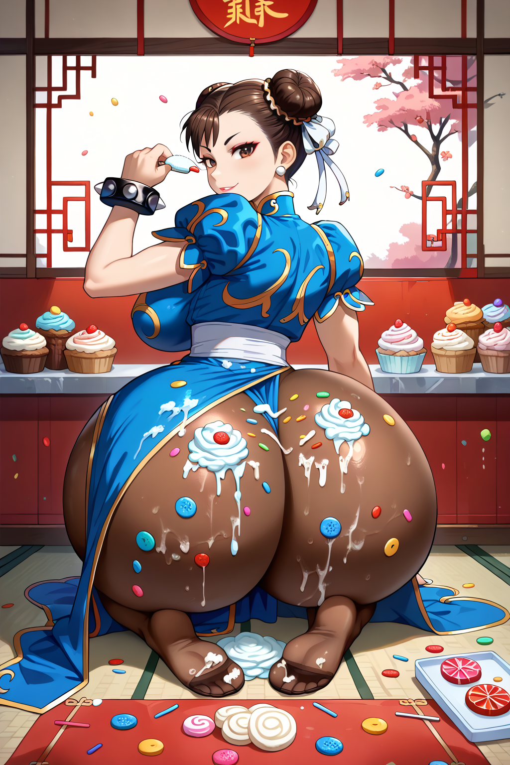 1girls ai_generated asian asian_female ass_focus back_view big_ass big_breasts brown_eyes brown_hair bubble_ass bubble_butt cake caked_up candy capcom chun-li cupcake curvaceous dat_ass dumptruck_ass earrings female female_only frosting_on_butt huge_ass large_breasts light-skinned_female light_skin looking_back nsfwez on_knees paag pastries street_fighter thick thick_ass thick_thighs voluptuous voluptuous_female wide_hips