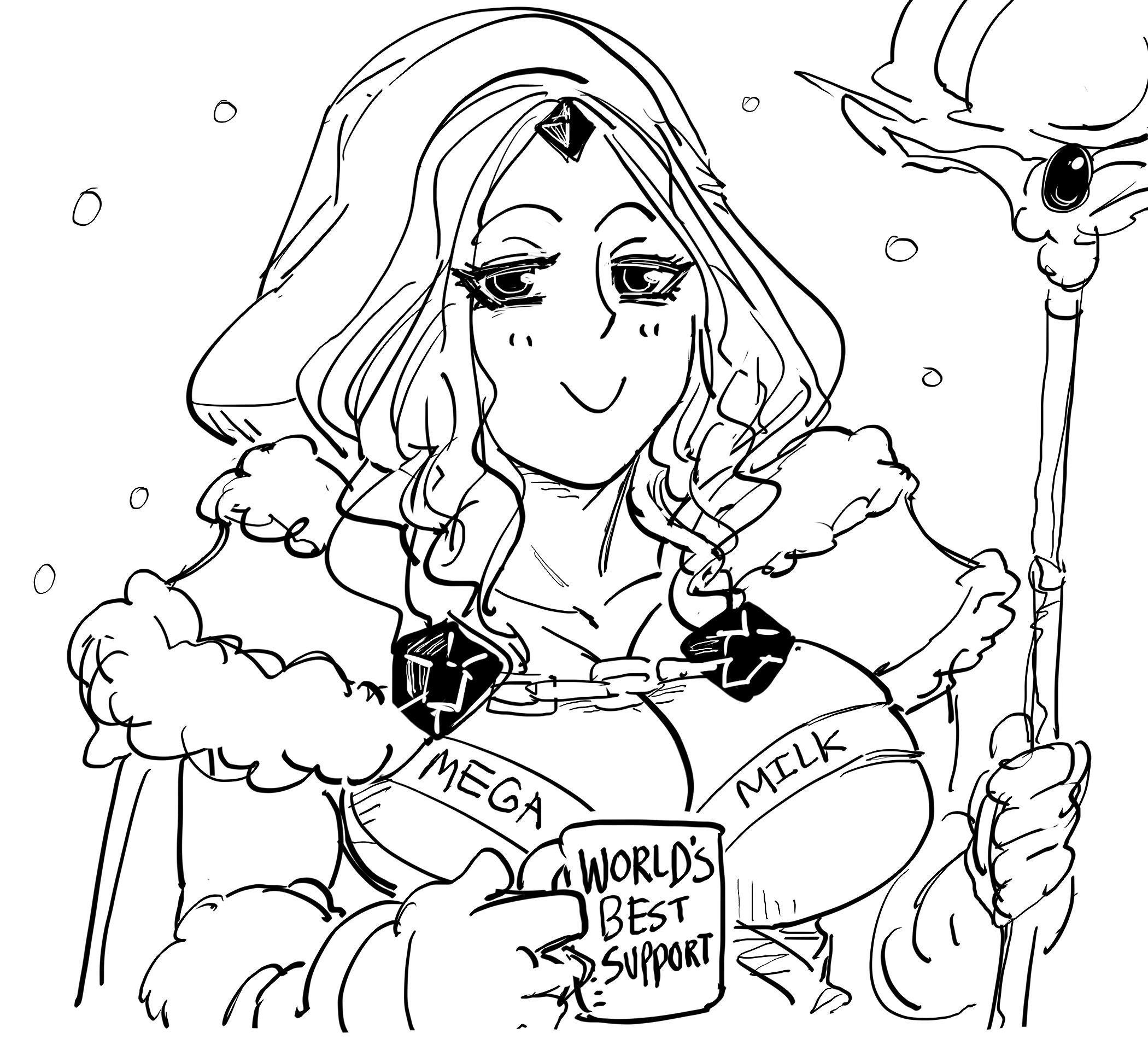 1girls, 2d, bb (baalbuddy), big breasts, breasts, busty, cape, cleavage, crystal maiden, degrading accessory, dota, dota 2, female, female only, gloves, hood, human, human female, human only, mega milk, meme, monochrome, mug, solo, staff, valve corporation