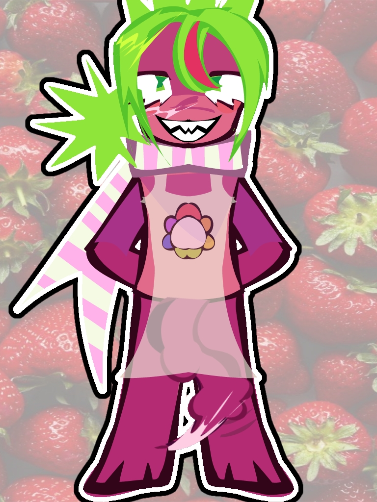 apron chained_up cum_on_face cum_on_penis dandy's_world green_eyes green_hair mischievous_smile ponytail red_skin scarf shark_teeth sprout_(dandy's_world) tentacle_dick tentacle_penis