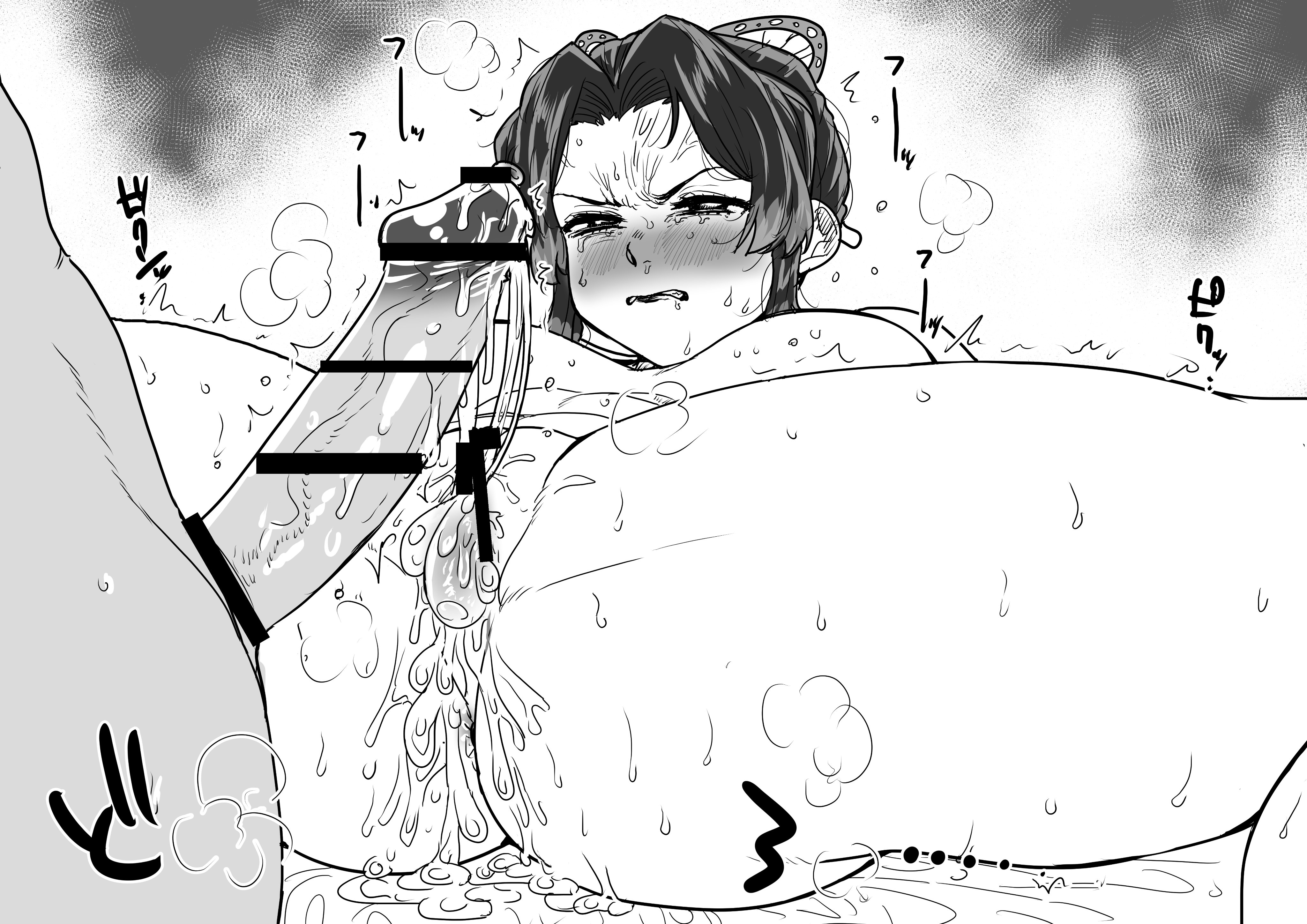 1girls, after sex, angry, angry expression, angry face, bar censor, black and white, blush, censored, cum, cum in pussy, cum inside, demon slayer, dick, female, female focus, hair ornament, kaiman garupan, kimetsu no yaiba, kochou shinobu, male, naked, open legs, overflowing cum, penis, pussy, sex, twitching