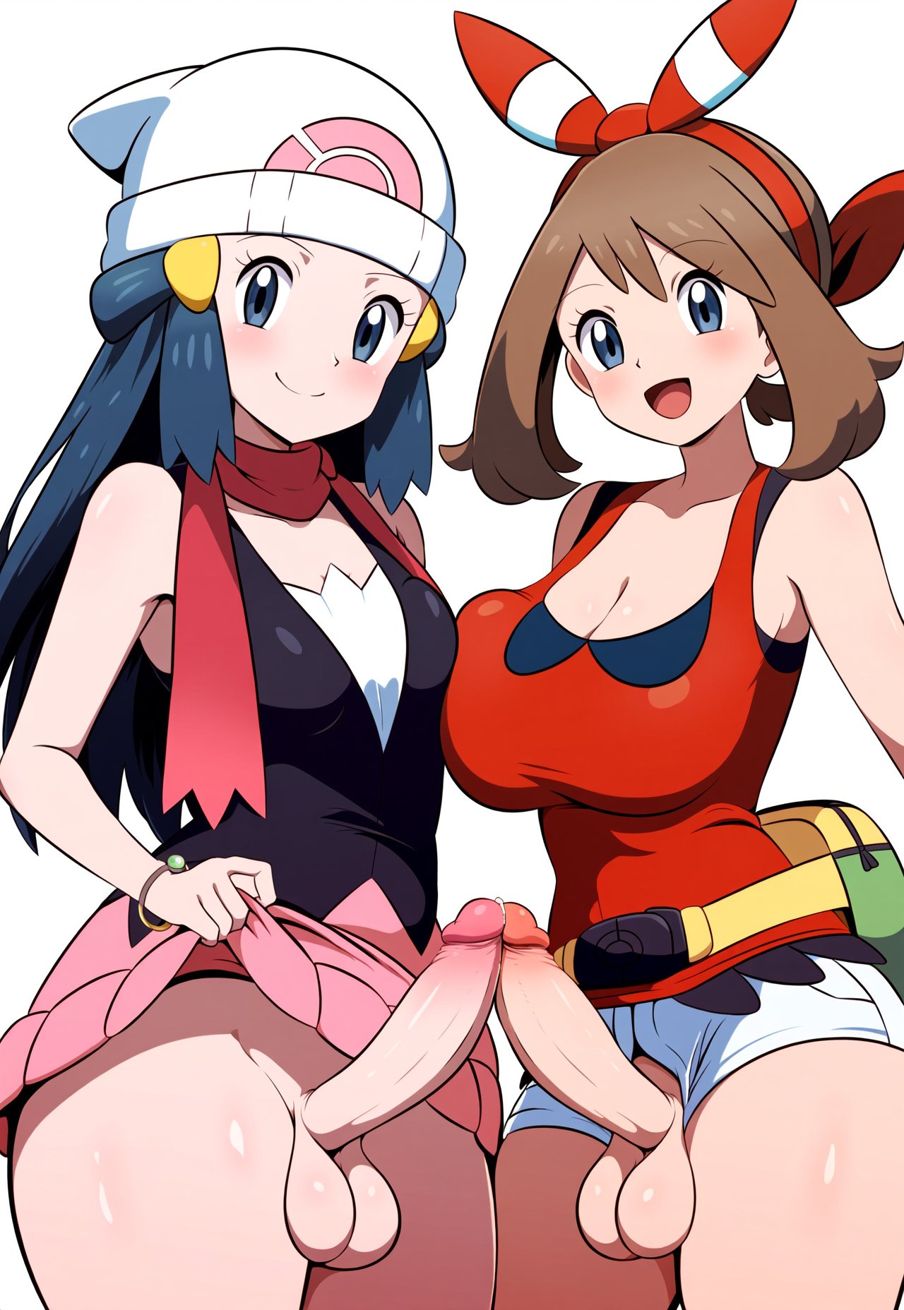 2futas ai_generated big_penis breasts_squeezed_together dawn_(pokemon) futanari huge_breasts may_(pokemon) may_(pokemon_oras) penis_out pokemon smiling thedawn_hikari