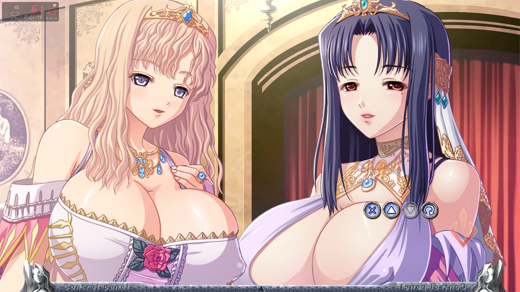 2girls artist_request big_breasts blonde_hair blonde_hair_female breasts cleavage clothed_female dark_blue_hair dress game_cg gigantic_breasts huge_breasts hyper_breasts kyonyuu_fantasy kyonyuu_fantasy_gaiden long_blonde_hair long_hair luceria_von_diamante massive_breasts nipples_visible_through_clothing queen rokusaanu_do_dejiiru rose_(flower) tiara