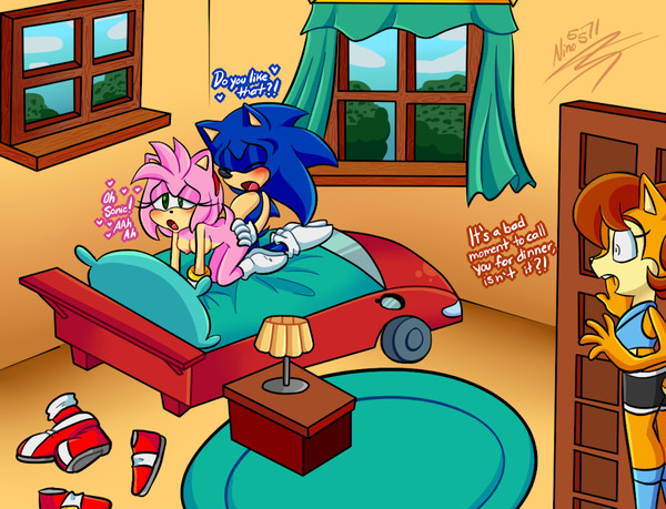 1boy 2girls ambiguous_penetration amy_rose bed blue_fur breasts brown_fur brown_hair car_bed curtains dialogue doggy_style door english_text female gloves green_eyes hip_grab lamp male multiple_girls naked nude pink_fur pink_hair racecar_bed sally_acorn sega sex shoes shorts socks sonic_(series) sonic_the_hedgehog sonic_the_hedgehog_(archie) straight surprised tail window