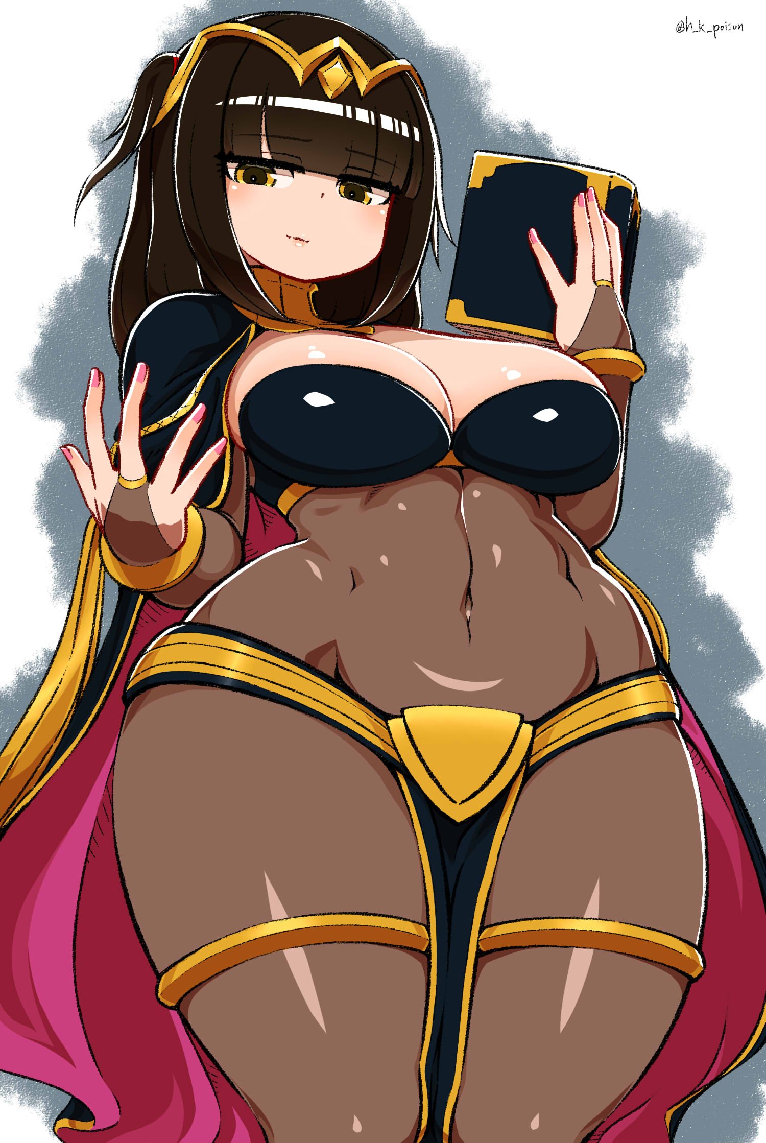 1girls, bangs, big breasts, black hair, blunt bangs, bodystocking, bodysuit, book, bracelet, breasts, bridal gauntlets, cape, circlet, cleavage, covered navel, curvy, female, fire emblem, fire emblem awakening, haku hakujou daimaou, jewelry, nail polish, pink nails, skin tight, smirk, tharja (fire emblem), thighs, tiara, wide hips, yellow eyes