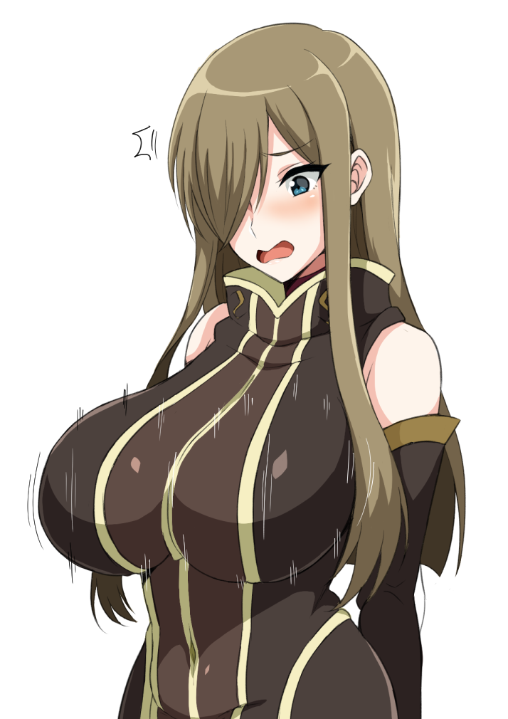 1girls arms_behind_back bare_shoulders big_breasts black_dress blue_eyes blush bouncing_breasts breasts brown_hair covered_navel detached_sleeves dress embarrassed female female_only hair_over_one_eye large_breasts long_hair looking_down motion_lines open_mouth sidelocks simple_background skin_tight solo tales_of_(series) tales_of_the_abyss tear_grants