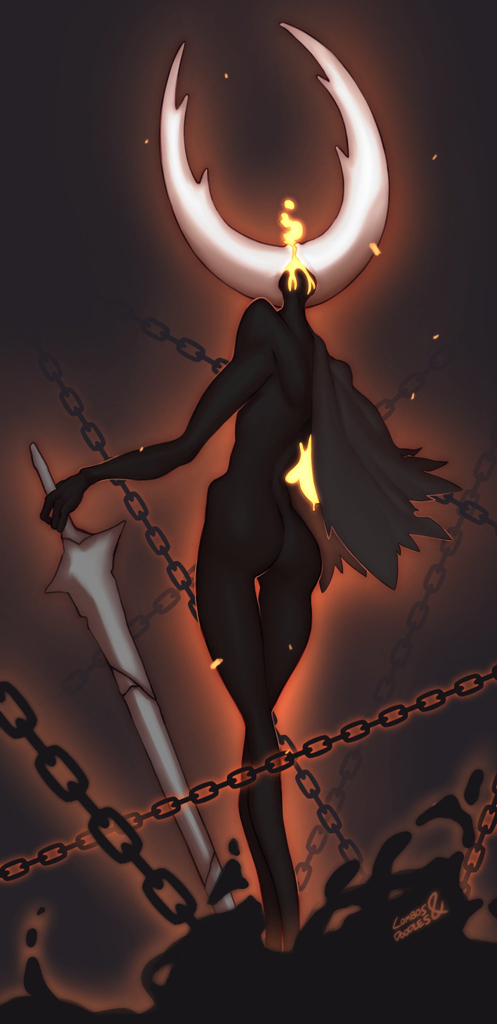 ambiguous gender, ass, black skin, bug, cape, combos-n-doodles, hollow knight, hollow knight (character), long legs, mostly nude, sword, tall, thighs