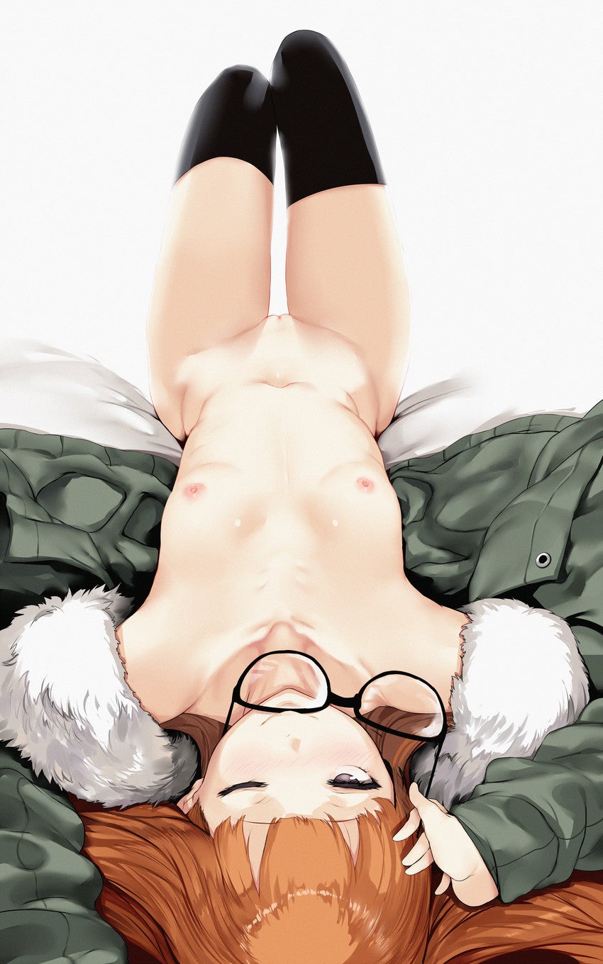 areolae, brown hair, collarbone, female, flat chest, glasses, grey eyes, jacket, laying down, medium hair, megami tensei, nipples, one eye closed, persona, persona 5, pussy, sakura futaba, thighhighs