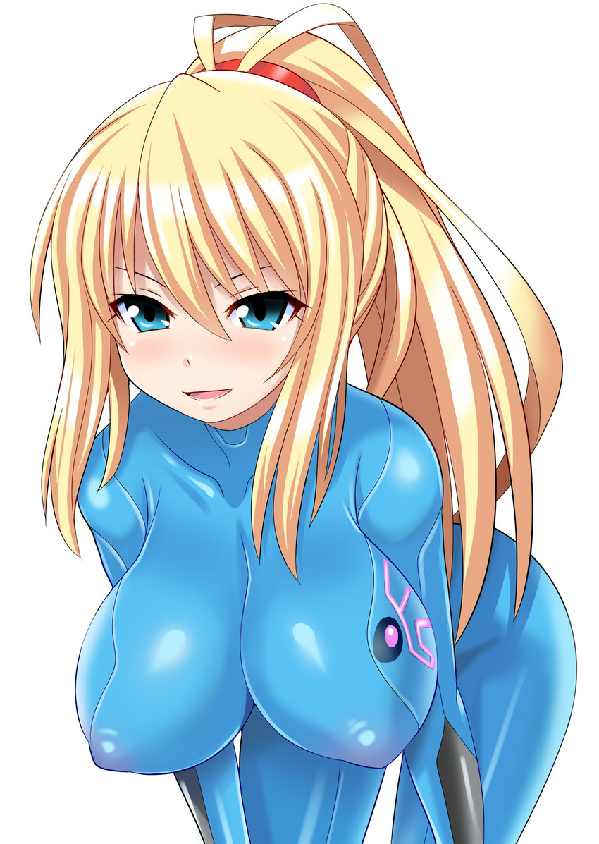 1girls, anime style, blonde hair, blue eyes, bodysuit, breasts, erect nipples, female, female only, hairband, highres, huge breasts, impossible clothes, konno tohiro, leaning forward, long hair, looking at viewer, metroid, naughty face, nintendo, nipple bulge, nipples, ponytail, samus aran, sidelocks, simple background, skin tight, smile, solo, white background, zero suit, zero suit samus