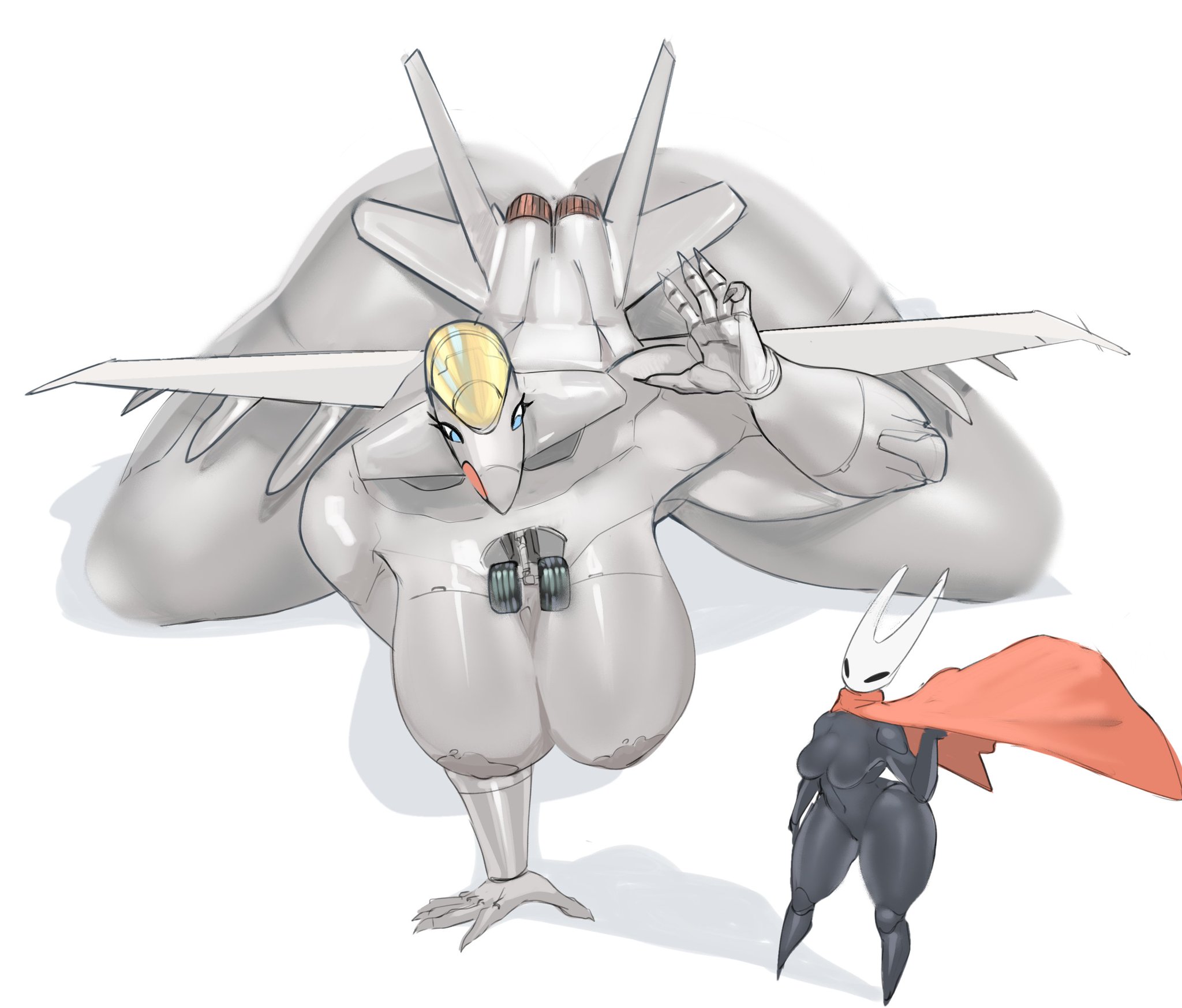 2girls, aeromorph, aircraft, aircraft humanoid, areolae, big ass, big breasts, big thighs, black skin, blue eyes, eyelashes, grey skin, highres, hollow knight, hollow knight: silksong, hornet (hollow knight), horns, insect, insect humanoid, large ass, large breasts, large thighs, living aircraft, living machine, metallic body, nipples, quattrant, red cape, voluptuous female, wheels