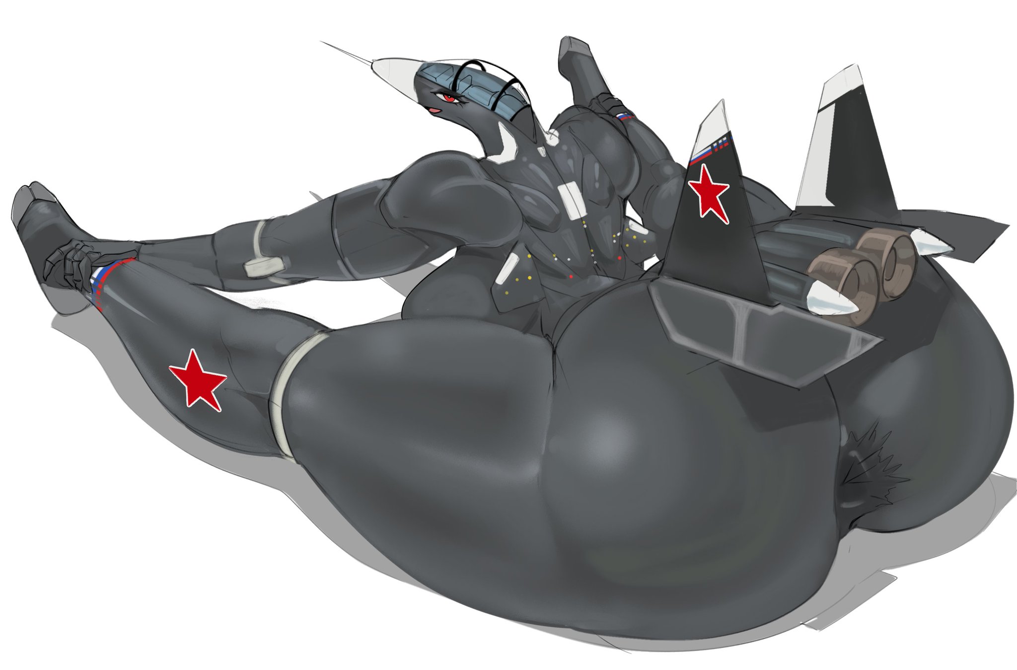 1girls, aeromorph, aircraft, aircraft humanoid, anus, back boob, big ass, big breasts, black skin, breasts, eyelashes, highres, large ass, living aircraft, living machine, looking back, muscular back, presenting, quattrant, red eyes, russian, smiling, stretching, white markings