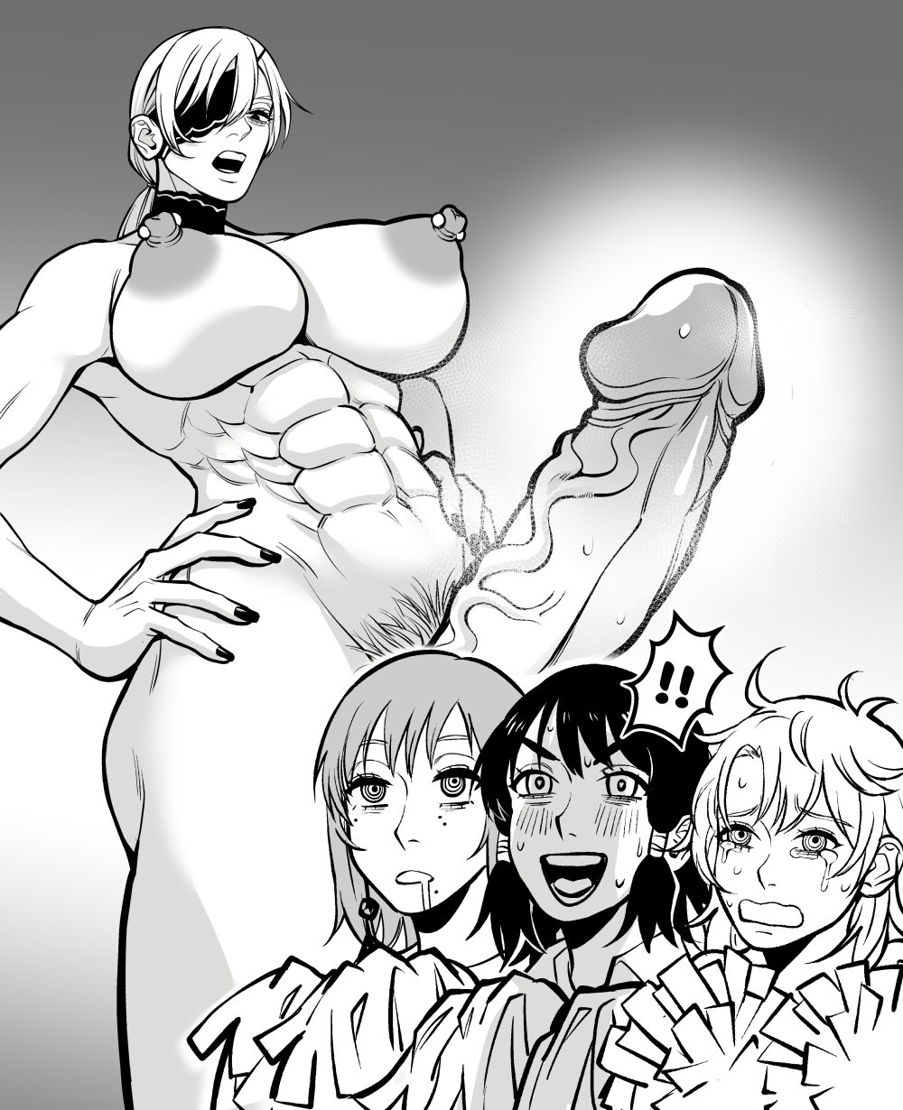 1futa, 3girls, balls, black hair, blush, blushing, blushing at partner, breasts, chainsaw man, cheerleader, cheerleader outfit, cheerleader uniform, completely naked, completely naked futa, completely nude, completely nude futanari, crying, death devil (chainsaw man), dick, dickgirl, erect penis, erection, eyepatch, fami (chainsaw man), female, freckles, freckles on face, futanari, glans, hands on hips, keidh, keiiii, lesbian, lesbians, long hair, mifune fumiko, mouth open, muscular, muscular futa, naked, naked futa, nipple piercing, nipples, nude, nude futa, nude futanari, penis, quanxi (chainsaw man), saliva, saliva drip, short hair, standing, testicles, white hair, yuri