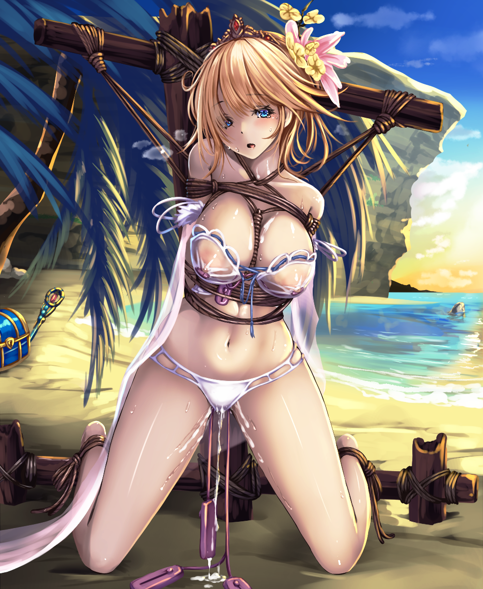 :o arms_behind_back bangs bare_legs bare_shoulders barefoot beach bikini blonde_hair blue_eyes blush bondage bound bound_ankles breasts cleavage cliff commentary_request cum cum_in_pussy day egg_vibrator europa_(granblue_fantasy) eyebrows_visible_through_hair female flower full_body granblue_fantasy hair_flower hair_ornament helpless highres kneeling large_breasts looking_at_viewer monikano navel nipples ocean open_mouth palm_tree rock rope sand see-through shore short_hair solo staff stomach sweat swimsuit tiara treasure_chest tree vibrator vibrator_on_nipple vibrator_under_clothes water white_bikini yellow_flower