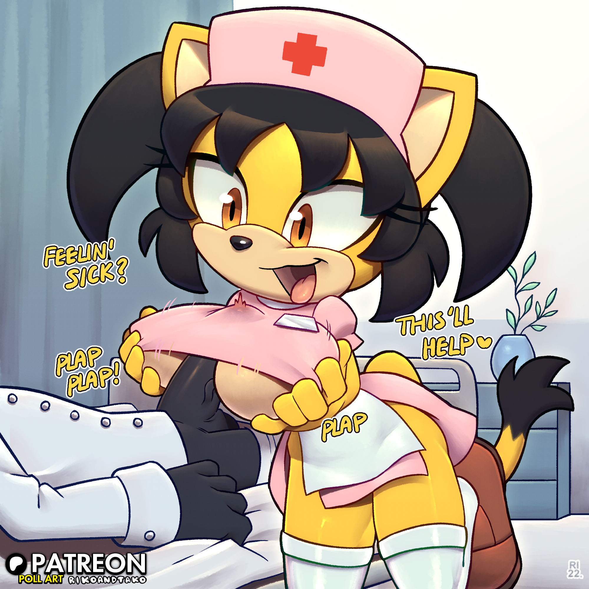 1boy, 1girls, anthro, anthro female, anthro on anthro, anthro only, anthrofied, big breasts, black hair, breasts, feline, female, fur, furry, honey the cat, male, male/female, nurse, nurse cap, nurse uniform, paizuri, paizuri under clothes, partial male, penis, penis between breasts, rikoandtako, sega, sonic (series), sonic the fighters, sonic the hedgehog (series), twintails, unseen male face, yellow fur