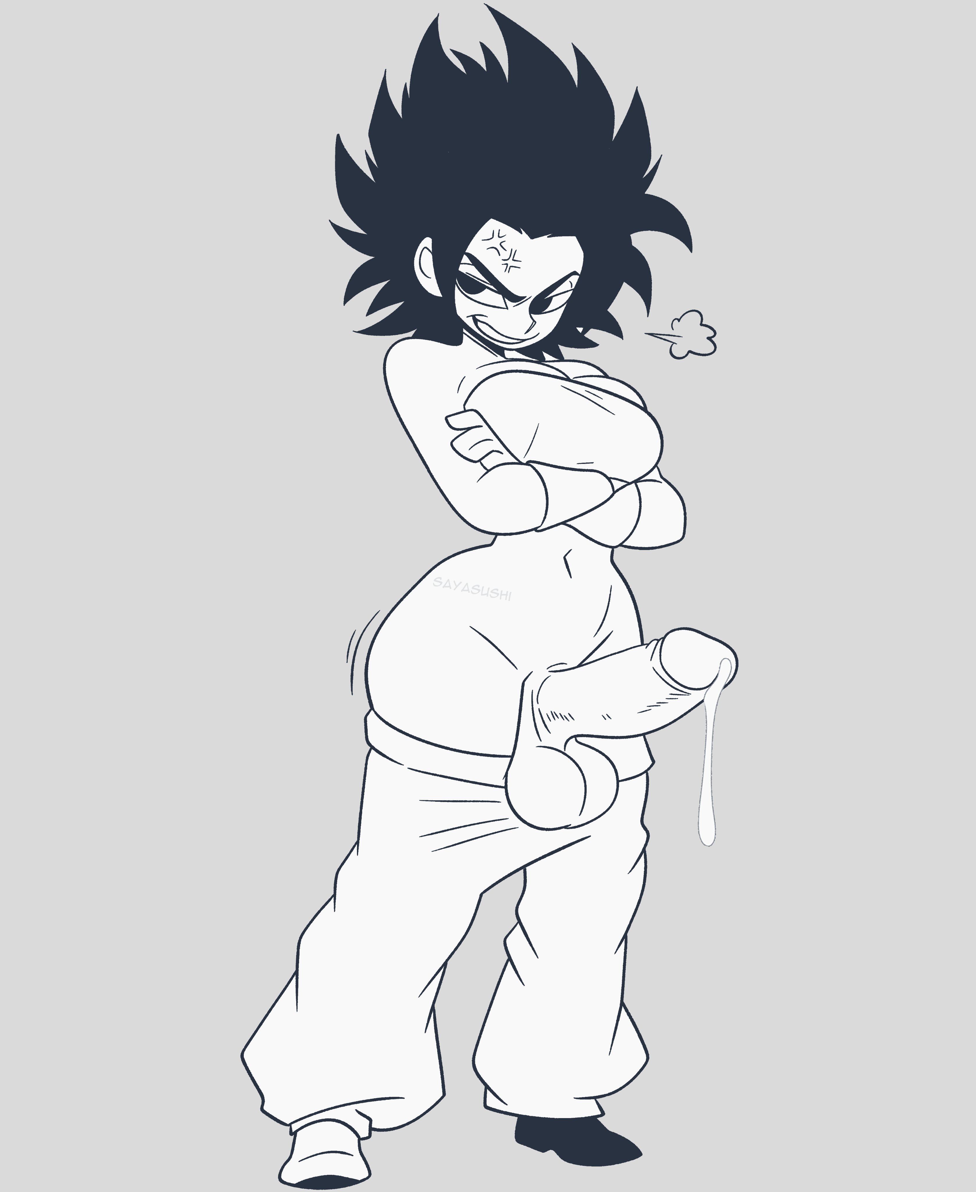 1futa, 1girls, anger vein, baggy pants, balls, big cock, big penis, black and white, black hair, boobs, breasts, caulifla, clothing, cock, dragon ball, dragon ball super, futanari, greyscale, huge cock, huge penis, penis out, precum, precum drip, precum on penis, sayasushiswag, testicles